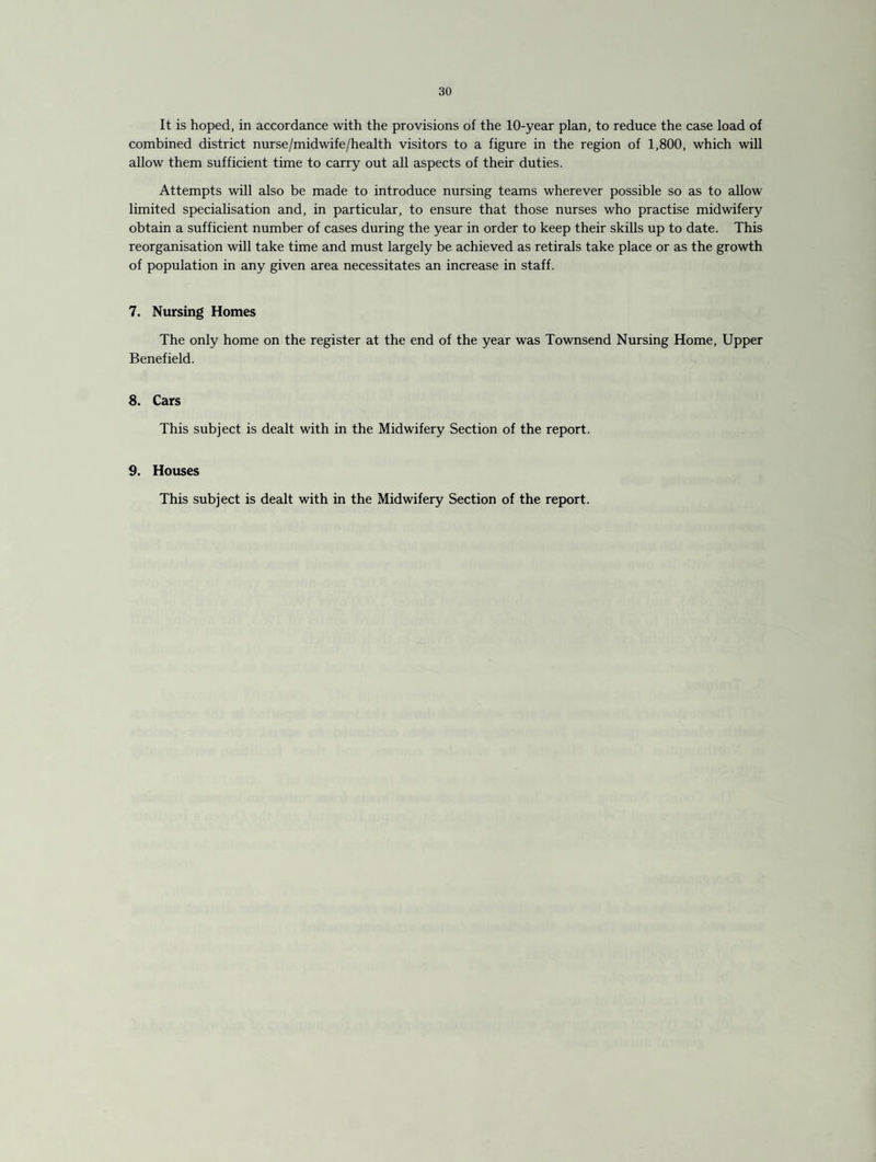 It is hoped, in accordance with the provisions of the 10-year plan, to reduce the case load of combined district nurse/midwife/health visitors to a figure in the region of 1,800, which will allow them sufficient time to carry out all aspects of their duties. Attempts will also be made to introduce nursing teams wherever possible so as to allow limited specialisation and, in particular, to ensure that those nurses who practise midwifery obtain a sufficient number of cases during the year in order to keep their skills up to date. This reorganisation will take time and must largely be achieved as retirals take place or as the growth of population in any given area necessitates an increase in staff. 7. Nursing Homes The only home on the register at the end of the year was Townsend Nursing Home, Upper Benefield. 8. Cars This subject is dealt with in the Midwifery Section of the report. 9. Houses This subject is dealt with in the Midwifery Section of the report.