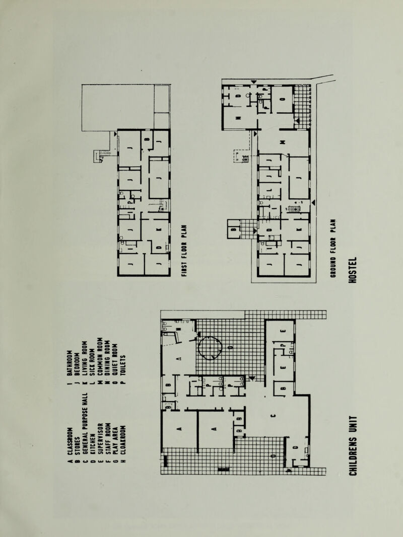 A CLASSROOM t BATHROOM B STORES i BEDROOM C GENERAL PURPOSE HALL K LIVING ROOM D KITCHEN L SICKROOM CHILDRENS UNIT HOSTEL