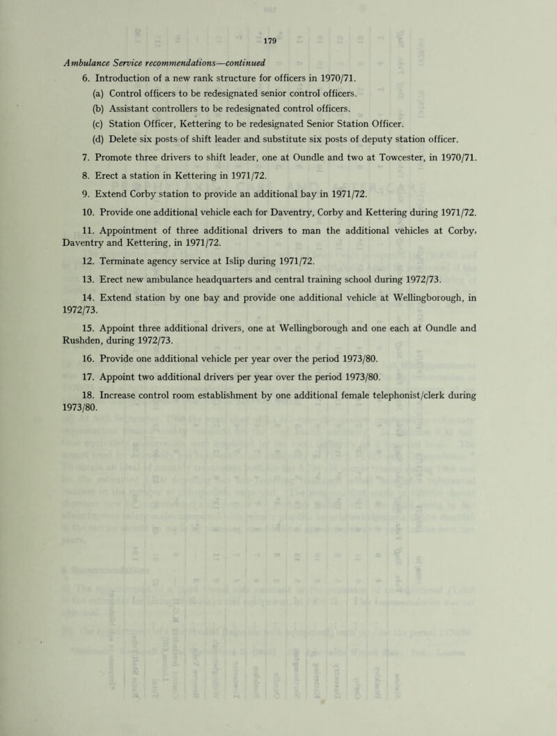 Ambulance Service recommendations—continued 6. Introduction of a new rank structure for officers in 1970/71. (a) Control officers to be redesignated senior control officers. (b) Assistant controllers to be redesignated control officers. (c) Station Officer, Kettering to be redesignated Senior Station Officer. (d) Delete six posts of shift leader and substitute six posts of deputy station officer. 7. Promote three drivers to shift leader, one at Oundle and two at Towcester, in 1970/71. 8. Erect a station in Kettering in 1971/72. 9. Extend Corby station to provide an additional bay in 1971/72. 10. Provide one additional vehicle each for Daventry, Corby and Kettering during 1971/72. 11. Appointment of three additional drivers to man the additional vehicles at Corby, Daventry and Kettering, in 1971/72. 12. Terminate agency service at Islip during 1971/72. 13. Erect new ambulance headquarters and central training school during 1972/73. 14. Extend station by one bay and provide one additional vehicle at Wellingborough, in 1972/73. 15. Appoint three additional drivers, one at Wellingborough and one each at Oundle and Rushden, during 1972/73. 16. Provide one additional vehicle per year over the period 1973/80. 17. Appoint two additional drivers per year over the period 1973/80. 18. Increase control room establishment by one additional female telephonist/clerk during 1973/80.