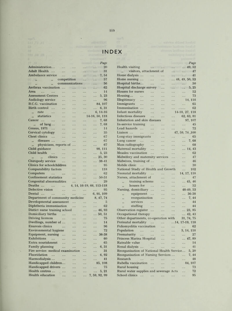 110 INDEX Page Page Administration... 20 Health visiting .49, 52 Adult Health ... 31 ,, visitors, attachment of . 47 Ambulance service ... 7,54 Home dialysis ... . 41 ,, ,, competition 57 Home nursing ... ...48, 49, 50, 53 ,, „ communications 56 Hospital births... . 50 Anthrax vaccination ... 62 Hospital discharge survey . 5,25 Area 14 Houses for nurses . 52 Assessment Centres ... 5,23 Housing... . 73 Audiology service 96 Illegitimacy 14,118 B.C.G. vaccination 84, 107 Immigrants . 65 Birth control ... ... 6, 31 Immunisation ... . 62 ,, rate 6, 14-16 Infant mortality 14-18, 27, 118 ,, statistics 14-16, 50, 118 Infectious diseases 62,63,81 Cancer ... ... 7,68 Infestation and skin diseases 97,107 ,, of lung... ... 7,68 In-service training . 45 Census, 1971 14 Lead hazards ... . 72 Cervical cytology 35 Liaison ... 47, 59, 74 ,100 Chest clinics 67 Long-stay immigrants . 65 ,, diseases ... 67 Lung cancer . 7, 68 ,, physicians, reports of ... 67 Mass radiography . 68 Child guidance 98, 111 Maternal mortality .14, 43 Child health ... 5,23 Measles vaccination . 62 ,, ,, clinics ... 25, 30 Midwifery and maternity services . 47 Chiropody service ... 38-41 Midwives, training of ... . 46 Clinics for schoolchildren 95 Mobile clinic . 30 Comparability factors 118 National Study of Health and Growth ... 102 Computers 62 Neonatal mortality ... 14, 17, 118 Confinement statistics ... 50-51 Nurses, attachment of . 47 Congenital abnormalities 29 ,, training scheme .45, 46 Deaths. 4,14,16-19,66,113-118 ,, houses for . 52 Defective vision 95 Nursing, domiciliary ... 48-49, 53 Dental ... 6, 91, 109 ,, equipment ... .36-38 Department of community medicine 8, 47, 74 ,, reorganisation . 7, 44 Developmental assessment 5 „ services . 44 Diphtheria immunisation 62 ,, staffing . 44 Distict nurse training school ... 46, 93 Observation register ... .23, 85 Domiciliary births ... 50, 51 Occupational therapy .42, 43 Driving licences 75 Other departments, co-operation with 31, 74, 75 Dwellings, number of ... 14 Perinatal mortality ...14, 17-19, 118 Enuresis clinics 96 Poliomyelitis vaccination . 62 Environmental hygiene 72 Population 5, 14, 118 Equipment, nursing ... ... 36-38 Prematurity . 27 Exhibitions 60 Princess Marina Hospital .47, 89 Extra nourishment 65 Rateable value . 14 Family planning ... 6,31 Renal dialysis ... . 41 Fire service: medical examination ... 31 Reorganisation of National Health Service... 5, 20 Fluoridation ... 6,92 Reorganisation of Nursing Services . 7, 44 Haemodialysis ... 41 Research . 48 Handicapped children... 85, 108 Rubella vaccination ... 84, 107 Handicapped drivers ... 75 Rural housing . 73 Health centres ... ... 5,21 Rural water supplies and sewerage Acts ... 72