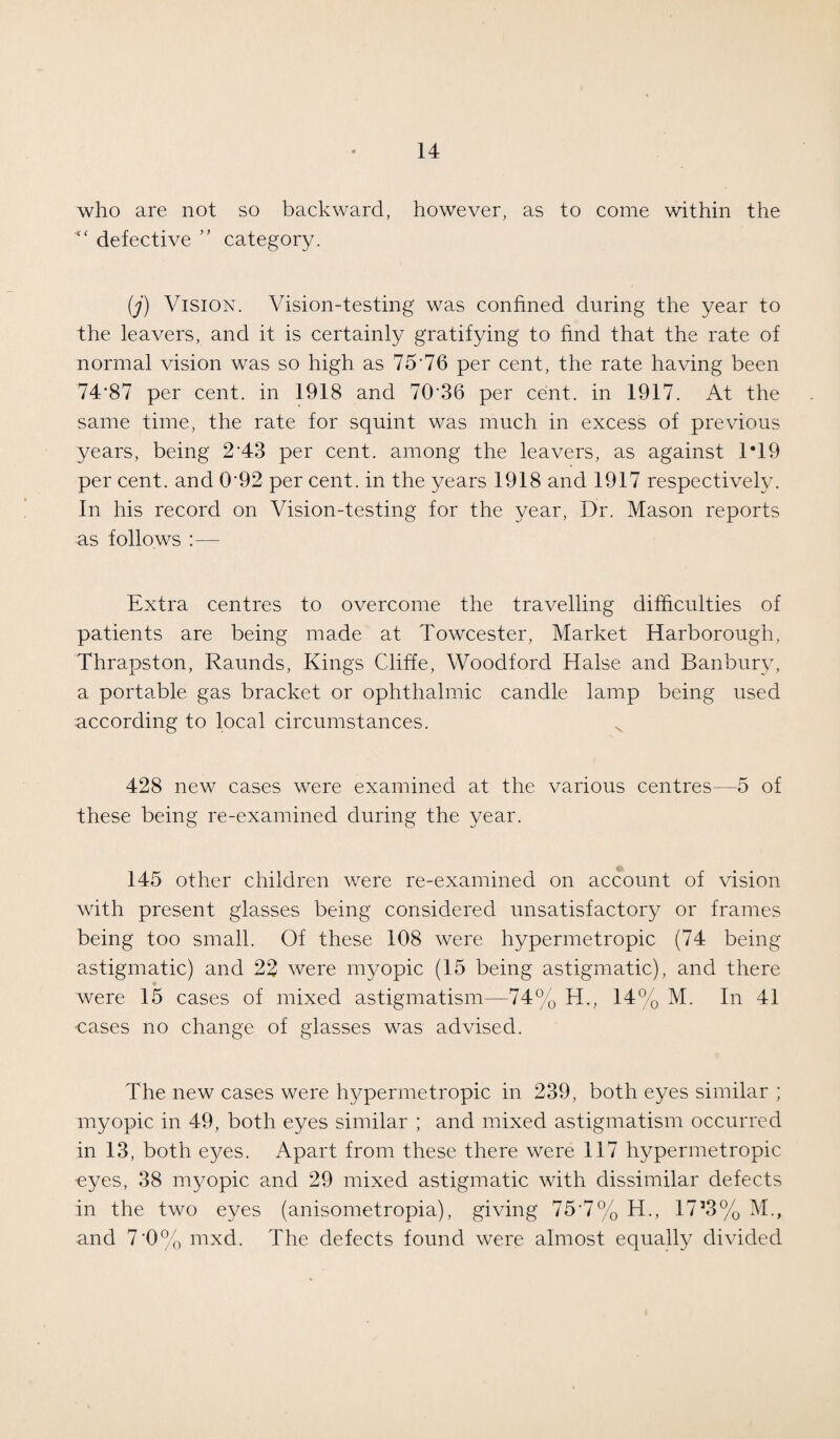 who are not so backward, however, as to come within the defective ” category. (j) Vision. Vision-testing was confined during the year to the leavers, and it is certainly gratifying to find that the rate of normal vision was so high as 75’76 per cent, the rate having been 74‘87 per cent, in 1918 and 70'36 per cent, in 1917. At the same time, the rate for squint was much in excess of previous years, being 2 43 per cent, among the leavers, as against 1*19 per cent, and 0'92 per cent, in the years 1918 and 1917 respectively. In his record on Vision-testing for the year, Dr. Mason reports as follows :— Extra centres to overcome the travelling difficulties of patients are being made at Towcester, Market Harborough, Thrapston, Raunds, Kings Cliffe, Woodford Halse and Banbury, a portable gas bracket or ophthalmic candle lamp being used according to local circumstances. 428 new cases were examined at the various centres—5 of these being re-examined during the year. 145 other children were re-examined on account of vision with present glasses being considered unsatisfactory or frames being too small. Of these 108 were hypermetropic (74 being astigmatic) and 22 were myopic (15 being astigmatic), and there were 15 cases of mixed astigmatism—74% H., 14% M. In 41 cases no change of glasses was advised. The new cases were hypermetropic in 239, both eyes similar ; myopic in 49, both eyes similar ; and mixed astigmatism occurred in 13, both eyes. Apart from these there were 117 hypermetropic vyes, 38 myopic and 29 mixed astigmatic with dissimilar defects in the two eyes (anisometropia), giving 75’7% H., 1753% M., and 7‘0% mxd. The defects found were almost equally divided