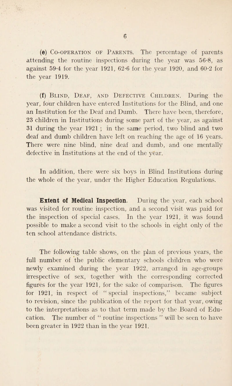 (•) Co-operation of Parents. The percentage of parents attending the routine inspections during the year was 56-8, as against 594 for the year 1921, 62*6 for the year 1920, and 60-2 for the year 1919. (f) Blind, Deaf, and Defective Children. During the year, four children have entered Institutions for the Blind, and one an Institution for the Deaf and Dumb. There have been, therefore, 23 children in Institutions during some part of the year, as against 31 during the year 1921 ; in the same period, two blind and two deaf and dumb children have left on reaching the age of 16 years. There were nine blind, nine deaf and dumb, and one mentally defective in Institutions at the end of the year. In addition, there were six boys in Blind Institutions during the whole of the year, under the Higher Education Regulations. Extent of Medical Inspection. During the year, each school was visited for routine inspection, and a second visit was paid for the inspection of special cases. In the year 1921, it was found possible to make a second visit to the schools in eight only of the ten school attendance districts. The following table shows, on the plan of previous years, the full number of the public elementary schools children who were newly examined during the year 1922, arranged in age-groups irrespective of sex, together with the corresponding corrected figures for the year 1921, for the sake of comparison. The figures for 1921, in respect of “ special inspections,” became subject to revision, since the publication of the report for that year, owing to the interpretations as to that term made by the Board of Edu¬ cation. The number of “ routine inspections ” will be seen to have been greater in 1922 than in the year 1921.