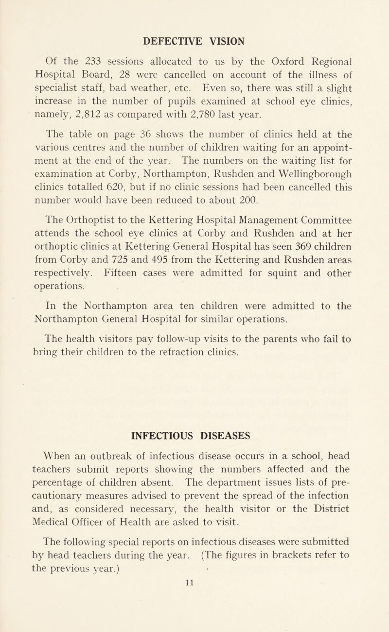 DEFECTIVE VISION Of the 233 sessions allocated to us by the Oxford Regional Hospital Board, 28 were cancelled on account of the illness of specialist staff, bad weather, etc. Even so, there was still a slight increase in the number of pupils examined at school eye clinics, namely, 2,812 as compared with 2,780 last year. The table on page 36 shows the number of clinics held at the various centres and the number of children waiting for an appoint¬ ment at the end of the year. The numbers on the waiting list for examination at Corby, Northampton, Rushden and Wellingborough clinics totalled 620, but if no clinic sessions had been cancelled this number would have been reduced to about 200. The Orthoptist to the Kettering Hospital Management Committee attends the school eye clinics at Corby and Rushden and at her orthoptic clinics at Kettering General Hospital has seen 369 children from Corby and 725 and 495 from the Kettering and Rushden areas respectively. Fifteen cases were admitted for squint and other operations. In the Northampton area ten children were admitted to the Northampton General Hospital for similar operations. The health visitors pay follow-up visits to the parents who fail to bring their children to the refraction clinics. INFECTIOUS DISEASES When an outbreak of infectious disease occurs in a school, head teachers submit reports showing the numbers affected and the percentage of children absent. The department issues lists of pre¬ cautionary measures advised to prevent the spread of the infection and, as considered necessary, the health visitor or the District Medical Officer of Health are asked to visit. The following special reports on infectious diseases were submitted by head teachers during the year. (The figures in brackets refer to the previous year.)