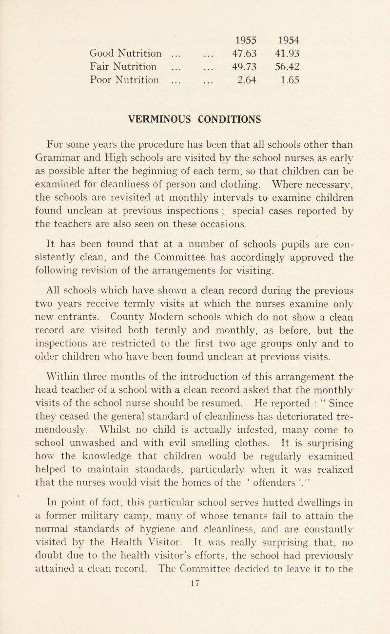 Good Nutrition Fair Nutrition Poor Nutrition 1955 1954 47.63 41.93 49.73 56.42 2.64 1.65 VERMINOUS CONDITIONS For some years the procedure has been that all schools other than Grammar and High schools are visited by the school nurses as early as possible after the beginning of each term, so that children can be examined for cleanliness of person and clothing. Where necessary, the schools are revisited at monthly intervals to examine children found unclean at previous inspections ; special cases reported by the teachers are also seen on these occasions. It has been found that at a number of schools pupils are con¬ sistently clean, and the Committee has accordingly approved the following revision of the arrangements for visiting. All schools which have shown a clean record during the previous two years receive termly visits at which the nurses examine only new entrants. County Modern schools which do not show a clean record are visited both termly and monthly, as before, but the inspections are restricted to the first two age groups only and to older children who have been found unclean at previous visits. Within three months of the introduction of this arrangement the head teacher of a school with a clean record asked that the monthly visits of the school nurse should be resumed. He reported : “ Since they ceased the general standard of cleanliness has deteriorated tre¬ mendously. Whilst no child is actually infested, many come to school unwashed and with evil smelling clothes. It is surprising how the knowledge that children would be regularly examined helped to maintain standards, particularly when it was realized that the nurses would visit the homes of the ‘ offenders In point of fact, this particular school serves hutted dwellings in a former military camp, many of whose tenants fail to attain the normal standards of hygiene and cleanliness, and are constantly visited by the Health Visitor. It was really surprising that, no doubt due to the health visitor’s efforts, the school had previously attained a clean record. The Committee decided to leave it to the