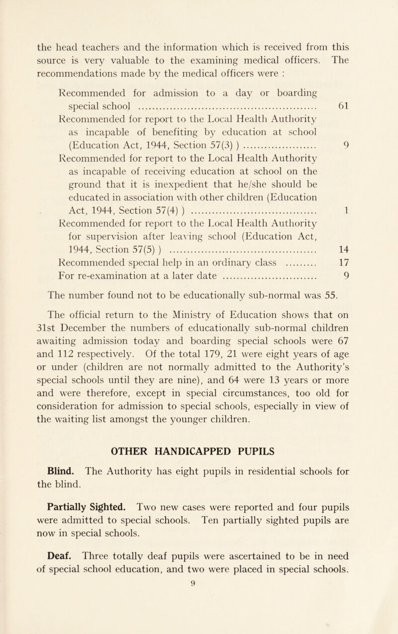 the head teachers and the information which is received from this source is very valuable to the examining medical officers. The recommendations made by the medical officers were : Recommended for admission to a day or boarding special school . 61 Recommended for report to the Local Health Authority as incapable of benefiting by education at school (Education Act, 1944, Section 57(3) ) . 9 Recommended for report to the Local Health Authority as incapable of receiving education at school on the ground that it is inexpedient that he/she should be educated in association with other children (Education Act, 1944, Section 57(4) ) . 1 Recommended for report to the Local Health Authority for supervision after leaving school (Education Act, 1944, Section 57(5) ) . 14 Recommended special help in an ordinary class . 17 For re-examination at a later date . 9 The number found not to be educationally sub-normal was 55. The official return to the Ministry of Education shows that on 31st December the numbers of educationally sub-normal children awaiting admission today and boarding special schools were 67 and 112 respectively. Of the total 179, 21 were eight years of age or under (children are not normally admitted to the Authority’s special schools until they are nine), and 64 were 13 years or more and were therefore, except in special circumstances, too old for consideration for admission to special schools, especially in view of the waiting list amongst the younger children. OTHER HANDICAPPED PUPILS Blind. The Authority has eight pupils in residential schools for the blind. Partially Sighted. Two new cases were reported and four pupils were admitted to special schools. Ten partially sighted pupils are now in special schools. Deaf. Three totally deaf pupils were ascertained to be in need of special school education, and two were placed in special schools.