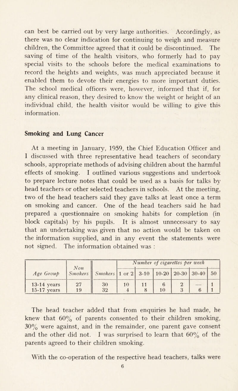 can best be carried out by very large authorities. Accordingly, as there was no clear indication for continuing to weigh and measure children, the Committee agreed that it could be discontinued. The saving of time of the health visitors, who formerly had to pay special visits to the schools before the medical examinations to record the heights and weights, was much appreciated because it enabled them to devote their energies to more important duties. The school medical officers were, however, informed that if, for any clinical reason, they desired to know the weight or height of an individual child, the health visitor would be willing to give this information. Smoking and Lung Cancer At a meeting in January, 1959, the Chief Education Officer and I discussed with three representative head teachers of secondary schools, appropriate methods of advising children about the harmful effects of smoking. I outlined various suggestions and undertook to prepare lecture notes that could be used as a basis for talks by head teachers or other selected teachers in schools. At the meeting, two of the head teachers said they gave talks at least once a term on smoking and cancer. One of the head teachers said he had prepared a questionnaire on smoking habits for completion (in block capitals) by his pupils. It is almost unnecessary to say that an undertaking was given that no action would be taken on the information supplied, and in any event the statements were not signed. The information obtained was : Number of cigarettes per week Non Age Group Smokers Smokers 1 or 2 3-10 10-20 20-30 30-40 50 13-14 years 27 30 10 11 6 2 — 1 15-17 years 19 32 4 8 10 3 6 1 The head teacher added that from enquiries he had made, he knew that 60% of parents consented to their children smoking, 30% were against, and in the remainder, one parent gave consent and the other did not. I was surprised to learn that 60% of the parents agreed to their children smoking. With the co-operation of the respective head teachers, talks were