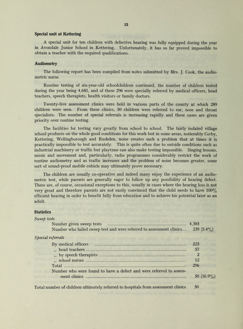 Special unit at Kettering A special unit for ten children with defective hearing was fully equipped during the year in Avondale Junior School in Kettering. Unfortunately, it has so far proved impossible to obtain a teacher with the required qualifications. Audiometry The following report has been compiled from notes submitted by Mrs. J. Cook, the audio¬ metric nurse. Routine testing of six-year-old schoolchildren continued, the number of children tested during the year being 4,681, and of these 296 were specially referred by medical officers, head teachers, speech therapists, health visitors or family doctors. Twenty-five assessment clinics were held in various parts of the county at which 289 children were seen. From these clinics, 50 children were referred to ear, nose and throat specialists. The number of special referrals is increasing rapidly and these cases are given priority over routine testing. The facilities for testing vary greatly from school to school. The fairly isolated village school produces on the whole good conditions for this work but in some areas, noticeably Corby, Kettering, Wellingborough and Rushden, noise creates such a problem that at times it is practically impossible to test accurately. This is quite often due to outside conditions such as industrial machinery or traffic but playtime can also make testing impossible. Singing lessons, music and movement and, particularly, radio programmes considerably restrict the work of routine audiometry and as traffic increases and the problem of noise becomes greater, some sort of sound-proof mobile cubicle may ultimately prove necessary. The children are usually co-operative and indeed many enjoy the experience of an audio¬ metric test, while parents are generally eager to follow up any possibility of hearing defect. There are, of course, occasional exceptions to this, usually in cases where the hearing loss is not very great and therefore parents are not easily convinced that the child needs to have 100% efficient hearing in order to benefit fully from education and to achieve his potential later as an adult. Statistics Sweep tests Number given sweep tests . 4,385 Number who failed sweep test and were referred to assessment clinics. 239 (5.4%) Special referrals By medical officers . 225 ,, headteachers. 57 ,, by speech therapists. 2 ,, school nurses . 12 Total . 296 Number who were found to have a defect and were referred to assess¬ ment clinics . 50 (16.9%) Total number of children ultimately referred to hospitals from assessment clinics 50