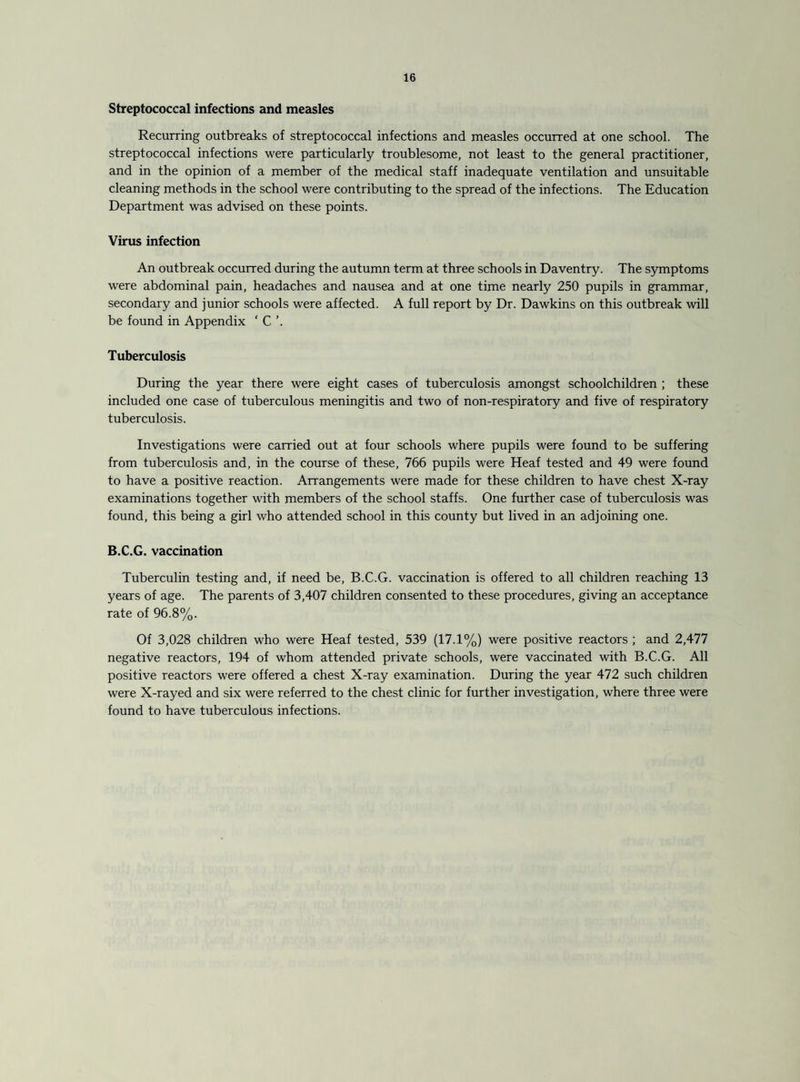 Streptococcal infections and measles Recurring outbreaks of streptococcal infections and measles occurred at one school. The streptococcal infections were particularly troublesome, not least to the general practitioner, and in the opinion of a member of the medical staff inadequate ventilation and unsuitable cleaning methods in the school were contributing to the spread of the infections. The Education Department was advised on these points. Virus infection An outbreak occurred during the autumn term at three schools in Daventry. The symptoms were abdominal pain, headaches and nausea and at one time nearly 250 pupils in grammar, secondary and junior schools were affected. A full report by Dr. Dawkins on this outbreak will be found in Appendix ‘ C ’. Tuberculosis During the year there were eight cases of tuberculosis amongst schoolchildren ; these included one case of tuberculous meningitis and two of non-respiratory and five of respiratory tuberculosis. Investigations were carried out at four schools where pupils were found to be suffering from tuberculosis and, in the course of these, 766 pupils were Heaf tested and 49 were found to have a positive reaction. Arrangements were made for these children to have chest X-ray examinations together with members of the school staffs. One further case of tuberculosis was found, this being a girl who attended school in this county but lived in an adjoining one. B.C.C. vaccination Tuberculin testing and, if need be, B.C.G. vaccination is offered to all children reaching 13 years of age. The parents of 3,407 children consented to these procedures, giving an acceptance rate of 96.8%. Of 3,028 children who were Heaf tested, 539 (17.1%) were positive reactors ; and 2,477 negative reactors, 194 of whom attended private schools, were vaccinated with B.C.G. All positive reactors were offered a chest X-ray examination. During the year 472 such children were X-rayed and six were referred to the chest clinic for further investigation, where three were found to have tuberculous infections.