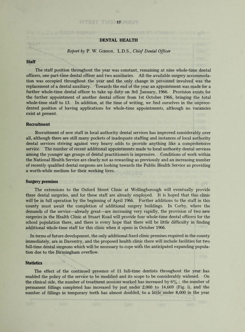 DENTAL HEALTH Report by P. W. Gibson, L.D.S., Chief Dental Officer Staff The staff position throughout the year was constant, remaining at nine whole-time dental officers, one part-time dental officer and two auxiliaries. All the available surgery accommoda¬ tion was occupied throughout the year and the only change in personnel involved was the replacement of a dental auxiliary. Towards the end of the year an appointment was made for a further whole-time dental officer to take up duty on 3rd January, 1966. Provision exists for the further appointment of another dental officer from 1st October 1966, bringing the total whole-time staff to 13. In addition, at the time of writing, we find ourselves in the unprece¬ dented position of having applications for whole-time appointments, although no vacancies exist at present. Recruitment Recruitment of new staff in local authority dental services has improved considerably over all, although there are still many pockets of inadequate staffing and instances of local authority dental services striving against very heavy odds to provide anything like a comprehensive service. The number of recent additional appointments made to local authority dental services among the younger age groups of dental practitioners is impressive. Conditions of work within the National Health Service are clearly not as rewarding as previously and an increasing number of recently qualified dental surgeons are looking towards the Public Health Service as providing a worth-while medium for their working lives. Surgery premises The extensions to the Oxford Street Clinic at Wellingborough will eventually provide three dental surgeries, and for these staff are already employed. It is hoped that this clinic will be in full operation by the beginning of April 1966. Further additions to the staff in this county must await the completion of additional surgery buildings. In Corby, where the demands of the service—already great—are increasing very rapidly, the provision of two new surgeries in the Health Clinic at Stuart Road will provide four whole-time dental officers for the school population there, and there is every hope that there will be little difficulty in finding additional whole-time staff for this clinic when it opens in October 1966. In terms of future development, the only additional fixed clinic premises required in the county immediately, are in Daventry, and the proposed health clinic there will include facilities for two full-time dental surgeons which will be necessary to cope with the anticipated expanding popula¬ tion due to the Birmingham overflow. Statistics The effect of the continued presence of 11 full-time dentists throughout the year has enabled the policy of the service to be modified and its scope to be considerably widened. On the clinical side, the number of treatment sessions worked has increased by 6% ; the number of permanent fillings completed has increased by just under 2,000 to 14,669 (Fig. i), and the number of fillings in temporary teeth has almost doubled, to a little under 8,000 in the year