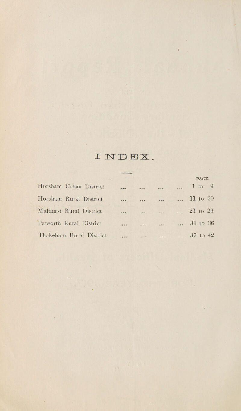 I IsTIDIB IK Horsham Urban District Horsham Rural District Midhurst Rural District Petworth Rural District PAGE, 1 to 9 ... 11 to 20 ... 21 to 29 ... 31 to 36 Thakeham Rural District 37 to 42