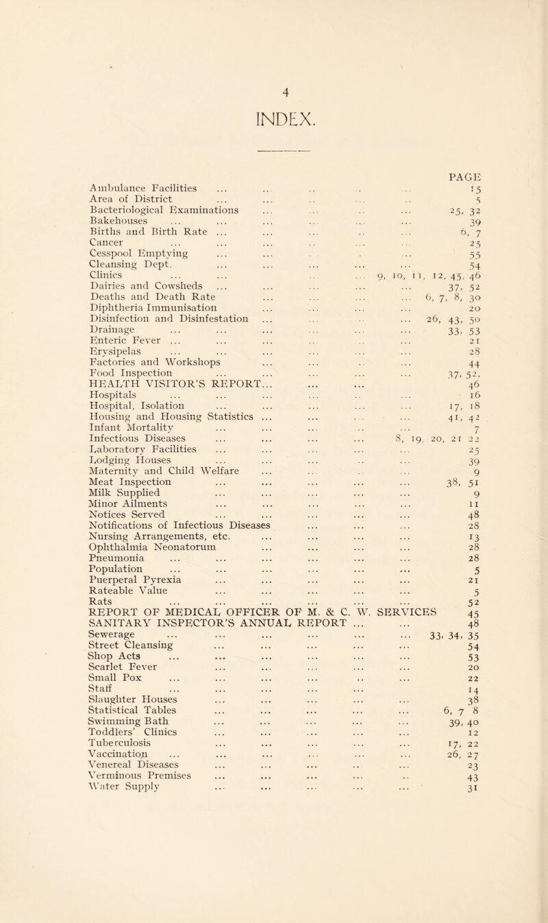 INDEX. Ambulance Facilities PAGE 15 Area of District 5 Bacteriological Examinations 25, 32 Bakehouses 39 Births and Birth Rate ... 6, 7 Cancer- 25 Cesspool Emptying 55 Cleansing Dept. 54 Clinics 9, 10, r 1, 12, 45, 46 Dairies and Cowsheds 37. 52 Deaths and Death Rate ... 6, 7, 8, 30 Diphtheria Immunisation 20 Disinfection and Disinfestation 26, 43, 50 Drainage 33. 53 Enteric Fever ... 21 Erysipelas 28 Factories and Workshops 44 Food Inspection 37.52, HEALTH VISITOR’S REPORT... 46 Hospitals 16 Hospital, Isolation 17, 18 Housing and Housing Statistics ... 41, 42 Infant Mortality 7 Infectious Diseases 8, 19, 20, 21 22 Laboratory Facilities 25 Lodging Blouses 39 Maternity and Child Welfare 9 Meat Inspection 38, 51 Milk Supplied 9 Minor Ailments 11 Notices Served . 48 Notifications of Infectious Diseases 28 Nursing Arrangements, etc. 13 Ophthalmia Neonatorum 28 Pneumonia 28 Population 5 Puerperal Pyrexia 21 Rateable Value 5 Rats 52 REPORT OF MEDICAL OFFICER OF M. & C. W. SERVICES 45 SANITARY INSPECTOR’S ANNUAL REPORT ... ... 48 Sewerage 33- 34, 35 Street Cleansing 54 Shop Acts 53 Scarlet Fever 20 Small Pox 22 Staff 14 Slaughter Houses . 38 Statistical Tables 6, 7 8 Swimming B ath Toddlers’ Clinics 39,40 12 Tuberculosis 17, 22 Vaccination 26, 27 Venereal Diseases 23 Verminous Premises 43 Water Supply 31