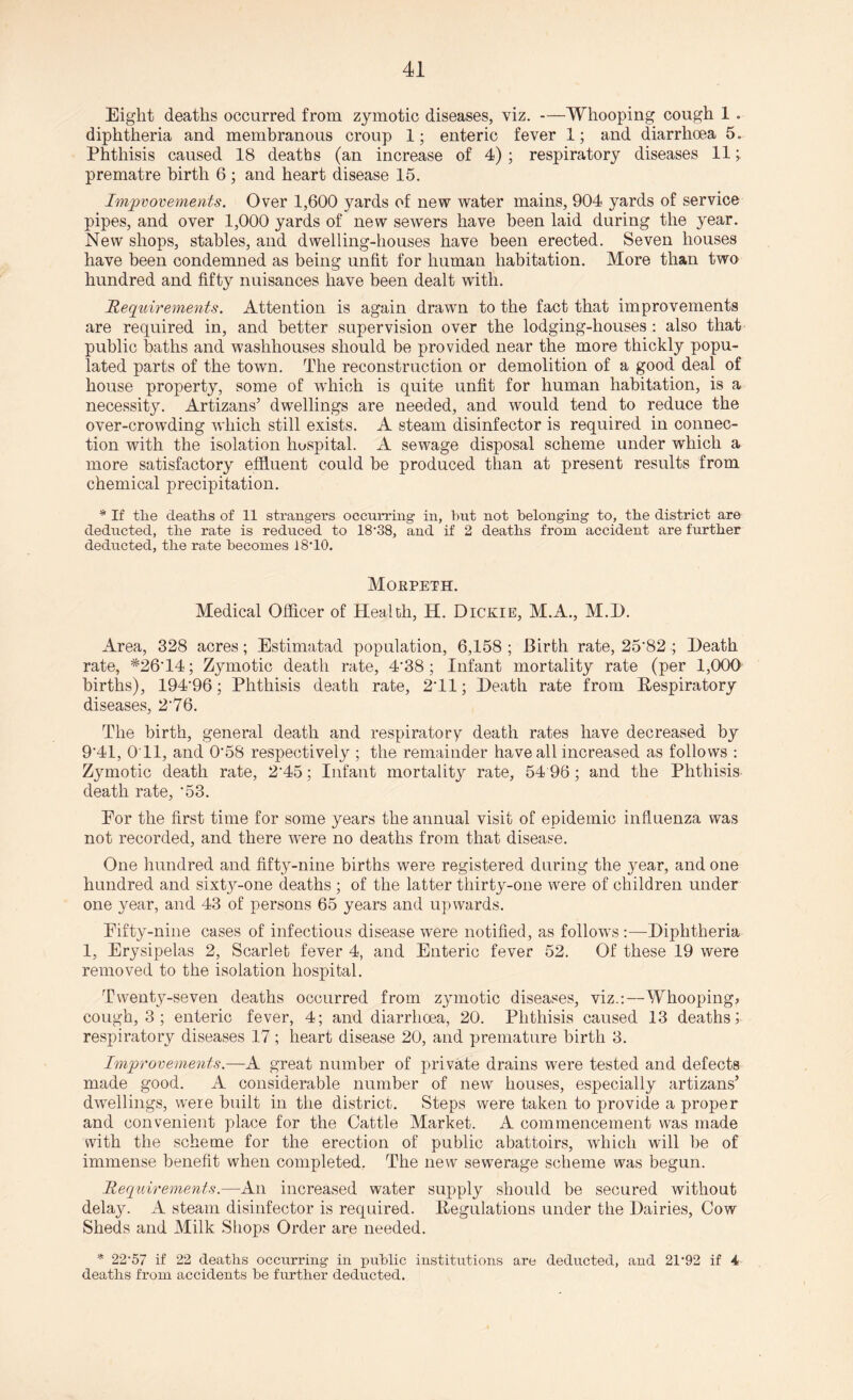 Eight deaths occurred from zymotic diseases, viz. —-Whooping cough 1 . diphtheria and membranous croup 1; enteric fever 1; and diarrhoea 5. Phthisis caused 18 deaths (an increase of 4); respiratory diseases 11; prematre birth 6 ; and heart disease 15. Improvements. Over 1,600 yards of new water mains, 904 yards of service pipes, and over 1,000 yards of new sewers have been laid during the year. New shops, stables, and dwelling-houses have been erected. Seven houses have been condemned as being unfit for human habitation. More than two hundred and fifty nuisances have been dealt with. Requirements. Attention is again drawn to the fact that improvements are required in, and better supervision over the lodging-houses : also that public baths and washhouses should be provided near the more thickly popu¬ lated parts of the town. The reconstruction or demolition of a good deal of house property, some of which is quite unfit for human habitation, is a necessity. Artizans’ dwellings are needed, and would tend to reduce the over-crowding which still exists. A steam disinfector is required in connec¬ tion with the isolation hospital. A sewage disposal scheme under which a more satisfactory effluent could be produced than at present results from chemical precipitation. * If tlie deaths of 11 strangers occurring in, hut not belonging to, the district are deducted, the rate is reduced to 18'38, and if 2 deaths from accident are further deducted, the rate becomes 18‘10. Moepeth. Medical Officer of Health, H. Dickie, M.A., M.I). Area, 328 acres; Estimatad population, 6,158; Birth rate, 25'82 .; Heath rate, *26'14; Zymotic death rate, 4’38; Infant mortality rate (per 1,000 births), 194‘96; Phthisis death rate, 2T1; Heath rate from Respiratory diseases, 2'76. The birth, general death and respiratory death rates have decreased by 9'41, O il, and 058 respectively ; the remainder have all increased as follows : Zymotic death rate, 2-45; Infant mortality rate, 54 96; and the Phthisis, death rate, ‘53. Eor the first time for some years the annual visit of epidemic influenza was not recorded, and there were no deaths from that, disease. One hundred and fifty-nine births were registered during the year, and one hundred and sixty-one deaths ; of the latter thirty-one were of children under one year, and 43 of persons 65 years and upwards. Eifty-nine cases of infectious disease were notified, as follows:—Hiphtheria 1, Erysipelas 2, Scarlet fever 4, and Enteric fever 52. Of these 19 were removed to the isolation hospital. Twenty-seven deaths occurred from zymotic diseases, viz.:—Whooping? cough, 3; enteric fever, 4; and diarrhoea, 20. Phthisis caused 13 deaths; respiratory diseases 17 ; heart disease 20, and premature birth 3. Improvements.—A great number of private drains were tested and defects made good. A considerable number of new houses, especially artizans’ dwellings, were built in the district. Steps were taken to provide a proper and convenient place for the Cattle Market. A commencement was made with the scheme for the erection of public abattoirs, which will be of immense benefit when completed. The new sewerage scheme was begun. Requirements.—An increased water supply should be secured without dela}^. A steam disinfector is required. Regulations under the Hairies, Cow Sheds and Milk Shops Order are needed. * 22‘57 if 22 deaths occurring in public institutions are deducted, and 21-92 if 4 deaths from accidents he further deducted.