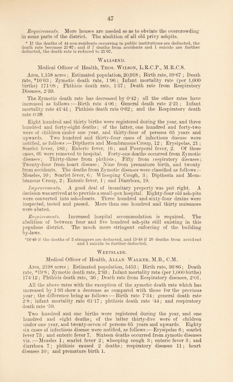 'Requirements. More houses are needed so as to obviate the overcrowding in some parts of the district. The abolition of all old privy ashpits. * If tlie deaths of 44 non-residents occurring in public institutions are deducted, the death rate becomes 21’67; and if 7 deaths from accidents and 1 suicide are further deducted, the death rate is reduced to 21,07. Wallsend. Medical Officer of Health, Thos. Wilson, L.R.C.P., M.R.C.S. Area, ],158 acres ; Estimated population, 20,918; Birth rate, 39*67 ; Death rate, *16*63 ; Zymotic death rate, 196; Infant mortality rate (per 1,000 births) 171‘08; Phthisis death rate, P57; Death rate from Respiratory Diseases, 2*39. The Zymotic death rate has decreased by 0'42; all the other rates have increased as follows :—Birth rate 4 06 ; General death rate 221 ; Infant mortality rate 4P41 ; Phthisis death rate 0*62 ; and the Respiratory death rate O'39. Eight hundred and thirty births were registered during the year, and three hundred and forty-eight deaths; of the latter, one hundred and forty-two were of children under one year, and thirty-four of persons 65 }rears and upwards. Two hundred and thirty-four cases of infectious disease were notified, as follows :—Diptheria and Membranous Croup, 12 ; Erysipelas, 21; Scarlet fever, 183; Enteric fever, 16; and Puerperal fever, 2. Of these cases, 69 were removed to hospital. Eorty-one deaths occurred from Zymotic diseases; Thirty-three from phthisis; Eifty from respiratory diseases;. Twenty-four from heart disease; Nine from premature birth, and twenty from accidents. The deaths from Zymotic diseases were classified as follows Measles, 10; Scarlet fever, 6; Whooping Cough, 3; Diptheria and Mem¬ branous Croup, 2; Enteric fever, 1; and Diarrhoea, 19. Improvements. A good deal of insanitary property was put right. A decision was arrived at to provide a small-pox hospital. Eighty-four old ash-pits were converted into ash-closets. Three hundred and sixty-four drains were inspected, tested and passed. More than one hundred and thirty nuisances were abated. Requirements. Increased hospital accommodation is required. The abolition of between four and five hundred ash-pits still existing in this populous district. The much more stringent enforcing of the building by-laws. *16‘49 if the deaths of 3 strangers are deducted, and 15'48 if 20 deaths from accident and 1 suicide he further deducted. Weetslade. Medical Officer of Health, Allan Walker, M.B., C.M. Area, 2198 acres ; Estimated population, 5453 ; Birth rate, 36'86; Death rate, *19*8; Zymotic death rate, 2'93 ; Infant mortality rate (per 1,000 births) 174*12; Phthisis death rate, '36 ; Death rate from Respiratory diseases, 2*01. All the above rates with the exception of the zymotic death rate which has increased by 1'93 show a decrease as compared with those for the previous year; the difference being as follows :—Birth rate 7*34; general death rate 2*8; infant mortality rate 61*17; phthisis death rate *44; and respiratory death rate *59. Two hundred and one births were registered during the year, and one hundred and eight deaths; of the latter thirty-five were of children under one year, and twenty-seven of persons 65 years and upwards. Eighty six cases of infectious disease were notified, as follows :—Erysipelas 6; scarlet fever 73 ; and enteric fever 7. Sixteen deaths occurred from zymotic diseases viz.:—Measles 1; scarlet fever 2; whooping cough 3; enteric fever 3; and diarrhoea 7; phthisis caused 2 deaths; respiratory diseases 11; heart diseases 10; and premature birth 1.