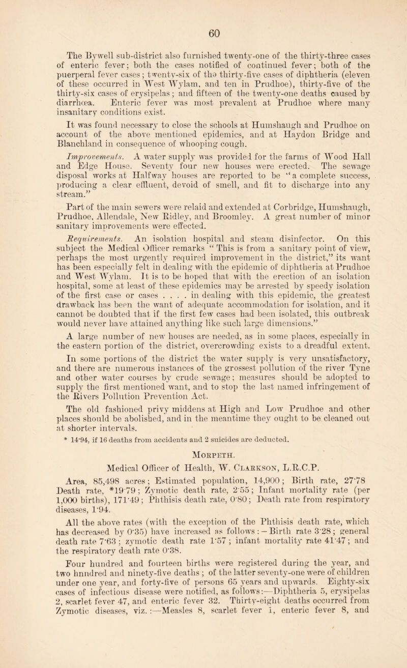 The Bywell sub-district also furnished twenty-one of the thirty-three cases of enteric fever: both the cases notified of continued fever; both of the puerperal fever cases; twenty-six of tho thirty-five cases of diphtheria (eleven of these occurred in West Wylam, and ten in Prudhoe), thirty-five of the thirty-six cases of erysipelas; and fifteen of the twenty-one deaths caused by diarrhoea. Enteric fever was most prevalent at Prudhoe where many insanitary conditions exist. It was found necessary to close the schools at Humshaugh and Prudhoe on account of the above mentioned epidemics, and at Haydon Bridge and Blanchland in consequence of whooping cough. Improvements. A water supply was provided for the farms of Wood Hall and Edge House. Seventy four new houses were erected. The sewage disposal works at Halfway houses are reported to be “a complete success, producing a clear effluent, devoid of smell, and fit to discharge into any stream.” Part of the main sewers were relaid and extended at Corbridge, Humshaugh, Prudhoe, Allendale, New Pidley, and Broomley. A great number of minor sanitary improvements were effected. Requirements. An isolation hospital and steam disinfector. On this subject the Medical Officer remarks “ This is from a sanitary point of view, perhaps the most urgently required improvement in the district,” its want has been especially felt in dealing with the epidemic of diphtheria at Prudhoe and West Wylam. It is to be hoped that with the erection of an isolation hospital, some at least of these epidemics may be arrested by speedy isolation of the first case or cases .... in dealing with this epidemic, the greatest drawback has been the want of adequate accommodation for isolation, and it cannot be doubted that if the first few cases had been isolated, this outbreak wrould never have attained anything like such large dimensions.” A large number of new houses are needed, as in some places, especially in the eastern portion of the district, overcrowding exists to a dreadful extent. In some portions of the district the water supply is very unsatisfactory, and there are numerous instances of the grossest pollution of the river Tyne and other water courses b}r crude sewage; measures should be adopted to supply the first mentioned want, and to stop the last named infringement of the llivers Pollution Prevention Act. The old fashioned privy middens at High and Low Prudhoe and other places should be abolished, and in the meantime they ought to be cleaned out at shorter intervals. * 14-94, if 16 deaths from accidents and 2 suicides are deducted. Morpeth. Medical Officer of Health, W. Clarkson, L.P.C.P. Area, 85,498 acres; Estimated population, 14,900; Birth rate, 27'78 Death rate, *19 79; Zymotic death rate, 2 55; Infant mortality rate (per 1,000 births), 171‘49; Phthisis death rate, Q‘80; Death rate from respiratory diseases, 1'94. All the above rates (with the exception of the Phthisis death rate, which has decreased by (435) have increased as follows : —Birth rate 3‘28; general death rate 7‘63 ; zymotic death rate 1*57 ; infant mortality rate 4P47; and the respiratory death rate 0‘38. Pour hundred and fourteen births were registered during the year, and two hnndred and ninety-five deaths ; of the latter seventy-one were of children under one year, and forty-five of persons 65 years and upwards. Eighty-six cases of infectious disease were notified, as follows:—Diphtheria 5, erysipelas 2, scarlet fever 47, and enteric fever 32. Thirty-eight deaths occurred from Zymotic diseases, viz. :—Measles 8, scarlet fever 1, enteric fever 8, and