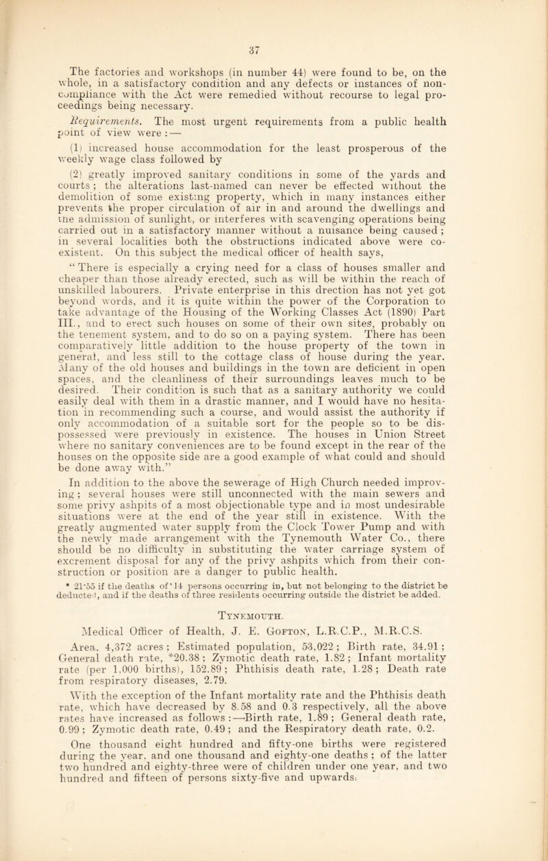 The factories and workshops (in number 44) were found to be, on the whole, in a satisfactory condition and any defects or instances of non- compliance with the Act were remedied without recourse to legal pro¬ ceedings being necessary. llequirements. The most urgent requirements from a public health point of view were : — (1) increased house accommodation for the least prosperous of the weekly wage class followed by (2} greatly improved sanitary conditions in some of the yards and courts; the alterations last-named can never be effected without the demolition of some existing property, which in many instances either prevents the proper circulation of air in and around the dwellings and me admission of sunlight, or interferes with scavenging operations being carried out in a satisfactory manner without a nuisance being caused ; in several localities both the obstructions indicated above were co¬ existent. On this subject the medical officer of health says, “ There is especially a crying need for a class of houses smaller and cheaper than those already erected, such as will be within the reach of unskilled labourers. Private enterprise in this drection has not yet got beyond words, and it is quite within the power of the Corporation to take advantage of the Housing of the Working Classes Act (1890) Part III., and to erect such houses on some of their own sites, probably on the tenement system, and to do so on a paying system. There has been comparatively little addition to the house property of the town in genera!, and less still to the cottage class of house during the year. Many of the old houses and buildings in the town are deficient in open spaces, and the cleanliness of their surroundings leaves much to be desired. Their condition is such that as a sanitary authority we could easily deal with them in a drastic manner, and I would have no hesita¬ tion in recommending such a course, and would assist the authority if only accommodation of a suitable sort for the people so to be dis¬ possessed were previously in existence. The houses in Union Street where no sanitary conveniences are to be found except in the rear of the houses on the opposite side are a good example of what could and should be done away with.” In addition to the above the sewerage of High Church needed improv¬ ing ; several houses were still unconnected with the main sewers and some privy ashpits of a most objectionable type and in most undesirable situations were at the end of the year still in existence. With the greatly augmented water supply from the Clock Tower Pump and with the newly made arrangement with the Tynemouth Water Co., there should be no difficulty in substituting the water carriage system of excrement disposal for any of the privy ashpits which from their con¬ struction or position are a danger to public health. * 21‘55 if tlie deaths of * 14 persons occurring in, but not belonging to the district be deducted, and if the deaths of three residents occurring outside the district be added. Tynemouth. Medical Officer of Health, J. E. Gofton, L.R.C.P., M.R.C.S. Area, 4,372 acres ; Estimated population, 53,022 ; Birth rate, 34.91 ; General death rate, *20.38 ; Zymotic death rate, 1.82 ; Infant mortality rate (per 1,000 births), 152.89; Phthisis death rate, 1.28; Death rate from respiratory diseases, 2.79. With the exception of the Infant mortality rate and the Phthisis death rate, which have decreased by 8.58 and 0.3 respectively, all the above rates have increased as follows:—'Birth rate, 1.89; General death rate, 0.99; Zymotic death rate, 0.49; and the Respiratory death rate, 0.2. One thousand eight hundred and fifty-one births were registered during the year, and one thousand and eighty-one deaths ; of the latter two hundred and eighty-three were of children under one year, and two hundred and fifteen of persons sixty-five and upwards: