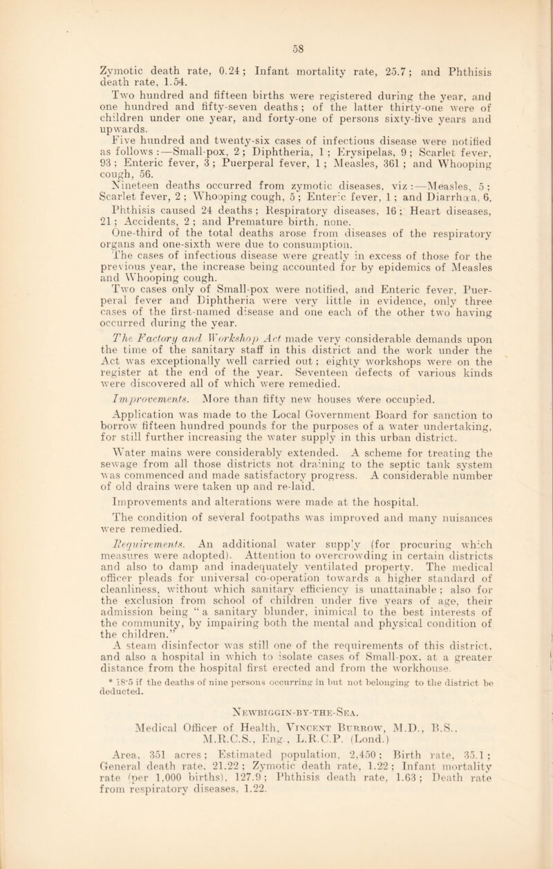 Zymotic death rate, 0.24; Infant mortality rate, 25.7; and Phthisis death rate, 1.54. Two hundred and fifteen births were registered during the year, and one hundred and fifty-seven deaths ; of the latter thirty-one were of children under one year, and forty-one of persons sixty-five years and upwards. Five hundred and twenty-six cases of infectious disease were notified as follows:—Small-pox, 2; Diphtheria, 1; Erysipelas, 9; Scarlet fever, 93 ; Enteric fever, 3 ; Puerperal fever, 1 ; Measles, 361 ; and Whooping cough, 56. Nineteen deaths occurred from zymotic diseases, viz:—Measles, 5; Scarlet fever, 2 ; Whooping cough, 5 ; Enteric fever, 1 ; and Diarrhoea, 6. Phthisis caused 24 deaths ; Respiratory diseases, 16 ; Heart diseases, 21 ; Accidents, 2 ; and Premature birth, none. One-third of the total deaths arose from diseases of the respiratory organs and one-sixth were due to consumption. The cases of infectious disease were greatly in excess of those for the previous year, the increase being accounted for by epidemics of Measles and Whooping cough. Two cases only of Small-pox were notified, and Enteric fever. Puer¬ peral fever and Diphtheria were very little in evidence, only three cases of the first-named disease and one each of the other two having occurred during the year. The Factory and Workshop Act made very considerable demands upon the time of the sanitary staff in this district and the work under the Act was exceptionally well carried out; eighty workshops were on the register at the end of the year. Seventeen defects of various kinds were discovered all of which were remedied. Improvements. More than fifty new houses were occupied. Application was made to the Local Government Board for sanction to borrow fifteen hundred pounds for the purposes of a water undertaking, for still further increasing the water supply in this urban district. Water mains were considerably extended. A scheme for treating the sewage from all those districts not draining to the septic tank system was commenced and made satisfactory progress. A considerable number of old drains were taken up and re-laid. Improvements and alterations were made at the hospital. The condition of several footpaths was improved and many nuisances were remedied. Requirements. An additional water supply (for procuring which measures were adopted). Attention to overcrowding in certain districts and also to damp and inadequately ventilated property. The medical officer pleads for universal co-operation towards a higher standard of cleanliness, without which sanitary efficiency is unattainable ; also for the exclusion from school of children under five years of age, their admission being “ a sanitary blunder, inimical to the best interests of the community, by impairing both the mental and physical condition of the children.” A steam disinfector was still one of the requirements of this district, and also a hospital in which to isolate cases of Small-pox, at a greater distance from the hospital first erected and from the workhouse. * 18*5 if the deaths of nine persons occurring- in hut not belonging- to the district be deducted. Newbiggin-by-the-Sea. Medical Officer of Health, Vincent Burrow, M.D., B.S.. M.R.C.S., Eng., L.R.C.P. (Bond.) Area, 351 acres; Estimated population, 2,450; Birth rate, 35.1; General death rate, 21.22; Zymotic death rate, 1.22; Infant mortality rate ^per 1,000 births), 127.9; Phthisis death rate, 1.63; Death rate from respiratory diseases, 1.22.