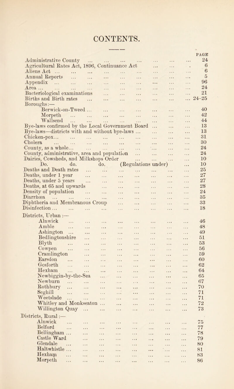 CONTENTS Administrative County Agricultural Rates Act, 1896, Continuance Act Aliens Act ... Annual Reports Appendix Area ... Bacteriological examinations Births and Birth rates Boroughs:— Berwick-on-Tweed ... Morpeth Wallsend Bye-laws confirmed by the Local Government Board ... Bye-laws—districts with and without bye-laws ... Chicken-pox... Cholera County, as a whole... County, administrative, area and population Dairies, Cowsheds, and Milkshops Order Do. do. do. (Regulations under) Deaths and Death rates Deaths, under 1 year Deaths, under 5 years Deaths, at 65 and upwards Density of population Diarrhoea Diphtheria and Membranous Croup Disinfection... Districts, Urban:— Alnwick Amble Ashington ... Bedlingtonshire Blyth Cowpen Cramlington Earsdon Gosforth Hexham Newbiggin-by-the-Sea Newburn Rothbury Seghill ..' . Weetslade ... Whitley and Monkseaton ... Willington Quay ... Districts, Rural:— Alnwick Belford Bellingham ... Castle Ward . Glendale Halt whistle ... Hexham Morpeth ... . PAGE 24 6 6 5 96 24 21 . 24-25 40 42 44 13 13 31 30 24 24 10 10 25 27 27 28 24 35 33 18 46 48 49 51 53 56 59 60 62 64 65 67 70 71 71 72 73 75 77 78 79 80 81 83 86