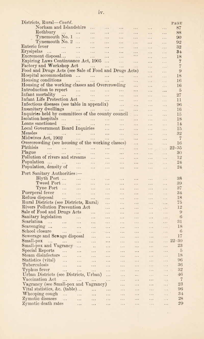 Districts, Dural—Contd. PAGE Norkam and Islandshire ... ... . 87 Rothbury • • « . 88 Tynemouth No. 1 ... Tynemouth No. 2 ... , , , . 90 • • * . 92 Enteric fever ... . 32 Erysipelas ... , , , . 34 Excrement disposal... . . . . 18 Expiring Laws Continuance Act, 1905 ... ... . 7 Factory and Workshop Act . 7 Eood and Drugs Acts (see Sale of Food and Drugs Acts) . 9 Hospital accommodation ... « • • . 18 Housing conditions , . • . 16 Housing of the working classes and Overcrowding • • • . 16 Introduction to report • • • . 5 Infant mortality , , , . 27 Infant Life Protection Act ... . 11 Infectious diseases (see table in appendix) ... . 96 Insanitary dwellings • • • . 16 Inquiries held by committees of the county council . 15 Isolation hospitals ... • • « . 18 Loans sanctioned ... ... . 14 Local Government Board Inquiries . 15 Measles . 32 Mid wives Act, 1902 .... . 7 Overcrowding (see housing of the -working classes) . . « . 16 Phthisis ... . 22-35 Plague . 30 Pollution of rivers and streams ... • • * . 12 Population ... • » * . 24 Population, density of . . . . 24 Port Sanitary Authorities :— Blyth Port ... . 38 Tweed Port... • • • . 39 Tyne Port ... , . , . 37 Puerperal fever * . « . 34 Defuse disposal • » . . 18 Dural Districts (see Districts, Dural) • . • . 75 Divers Pollution Prevention Act . 12 Sale of Food and Drugs Acts • • « 9 Sanitary legislation , . , . 6 Scarlatina • • • . 31 Scavenging ... • . « . 18 School closure • • • . 6 Sewerage and Sew age disposal • T • . 17 Small-pox • * • . 22-30 Small-pox and Vagrancy ... . . * . 23 Special Deports . . • . 5 Steam disinfectors ... • • • . 18 Statistics (vital) Tuberculosis . . . . 96 , . , . 36 Typhus fever • • « . 32 Urban Districts (see Districts, Urban) ... . 46 Vaccination Act . • « . 7 Vagrancy (see Small-pox and Vagrancy) . . • . 23 Vital statistics, &c. (table)... . . • . 96 Whooping cough ... . . . . 34 Zymotic diseases . . . . 28 Zymotic death rates ... . 29