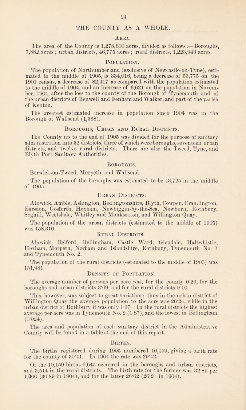 THE COUNTY AS A WHOLE. Area. The area of the County is 1,278,600 acres, divided as follows:—Boroughs, 7,882 acres; urban districts, 46,775 acres; rural districts, 1,223,943 acres. Population. The population of Northumberland (exclusive of Newcastle-on-Tyne), esti¬ mated to the middle of 1905, is 334,016, being a decrease of 53,775 on the 1901 census, a decrease of 82,417 as compared with the population estimated to the middle of 1904, and an increase of 6,621 on the population in Novem¬ ber, 1904, after the loss to the county of the Borough of Tynemouth and of the urban districts of Ben well and Eenham and Walker, and part of the parish of Kenton. The greatest estimated increase in population since 1904 was in the Borough of Wallsend (1,368). Boroughs, Urban and Rural Districts. The County up to the end of 1905 was divided for the purpose of sanitary administration into 32 districts, three of which were boroughs, seventeen urban districts, and twelve rural districts. There are also the Tweed, Tyne, and Blyth Port Sanitary Authorities. Boroughs. Berwick-on-Tweed, Morpeth, and Wallsend. The population of the boroughs was estimated to be 43,725 in the middle of 1905. Urban Districts. Alnwick, Amble, Ashington, Bedlingtonshire, Blyth, Cowpen, Cramlington, Earsdon, Gosforth, Hexham, Newbiggin-by-the-Sea, Newburn, Rothbury, Seghill, Weetslade, Whitley and Monkseaton, and Willington Quay. The population of the urban districts (estimated to the middle of 1905) was 158,310. Rural Districts. Alnwick, Belford, Bellingham, Castle AYard, Glendale, Haltwhistle, Hexham, Morpeth, Norham and Islandshire, Rothbury, Tynemouth No. 1 and Tynemouth No. 2. The population of the rural districts (estimated to the middle of 1905) was 131,981. Densita^ of Population. The average number of persons per acre was, for the county 0’26, for the boroughs and urban districts 3‘69, and for the rural districts 0 10. This, however, was subject to great variation; thus in the urban district of Willington Quay the average population to the acre was 2624, while in the urban district of Rothbury it was only 1*37 In the rural districts the highest average per acre was in Tynemouth No. 2 (1‘87), and the lowest in Bellingham (0-024). The area and population of each sanitary district in the Administrative County will be found in a table at the end of this report. Births. The births registered during 1905 numbered 10,159, giving a birth rate for the county of 30'41. In 1904 the rate was 29’42. Of the 10,159 births 6,645 occurred in the boroughs and urban districts, and 3,514 in the rural districts. The birth rate for the former was 32'89 per 1,000 (3089 in 1904), and for the latter 26'62 (26'21 in 1904).