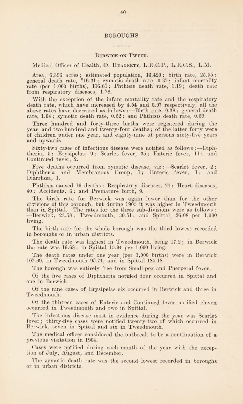 BOROUGHS. Berwick-on-Tweed. Medical Officer of Health, D. Heagerty, L.R.C.P., L.K.C.S., L.M. Area, 6,396 acres; estimated population, 13,420; birth rate, 25.55; general death rate, *16.31; zymotic death rate, 0.37; infant mortality rate (per 1,000 births), 116.61; Phthisis death rate, 1.19; death rate from respiratory diseases, 1.78. With the exception of the infant mortality rate and the respiratory death rate, which have increased by 4.54 and 0.07 respectively, all the above rates have decreased as follows :—Birth rate, 0.38; general death rate, 1.04; zymotic death rate, 0.52; and Phthisis death rate, 0.59. Three hundred and forty-three births were registered during the year, and two hundred and twenty-four deaths ; of the latter forty were of children under one year, and eighty-nine of persons sixty-five years and upwards. Sixty-two cases of infectious disease were notified as follows :—Diph¬ theria, 5; .Erysipelas, 9; Scarlet fever, 35; Enteric fever, 11; and Continued fever, 2. Five deaths occurred from zymotic disease, viz :—Scarlet fever, 2 ; Diphtheria and Membranous Croup, 1; Enteric fever, 1 ; and Diarrhoea, 1. Phthisis caused 16 deaths; Respiratory diseases, 24; Heart diseases, 40 ; Accidents, 6; and Premature birth, 9. The birth rate for Berwick was again lower than for the other divisions of this borough, but during 1905 it was higher in Tweedmouth than in Spitta.l. The rates for the three sub-divisions were as follows : —Berwick, 23.58; Tweedmouth. 30.51; and Spittal, 26.08 per 1,000 living. The birth rate, for the whole borough was the third lowest recorded in boroughs or in urban districts. The death rate was highest in Tweedmouth, being 17.2 ; in Berwick the rate was 16.68 ; in Spittal 15.94 per 1,000 living. The death rates under one year (per 1,000 births) were in Berwick 107.69, in Tweedmouth 95.74, and in Spittal 185.18. The borough was entirely free from Small-pox and Puerperal fever. Of the five cases of Diphtheria notified four occurred in Spittal and one in Berwick. Of the nine cases of Erysipelas six occurred in Berwick and three in Tweedmouth. Of the thirteen cases of Enteric and Continued fever notified eleven occurred in Tweedmouth and two in Spittal. The infectious disease most in evidence during the year was Scarlet fever ; thirty-five cases were notified twenty-two of which occurred in Berwick, seven in Spittal and six in Tweedmouth. The medical officer considered the outbreak to be a continuation of a previous visitation in 1904. Cases were notified during each month of the year with the excep¬ tion of July, August, and December. The zymotic death rate was the second lowest recorded in boroughs or in urban districts.