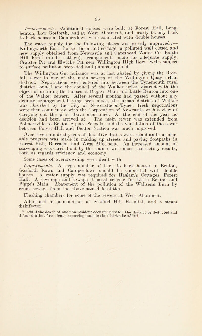 Improve merits.—'Additional houses were built at Forest Hall, Long- benton, Low Gosforth, and at West Allotment, and nearly twenty back to back houses at Camperdown were connected with double houses. The water supply for the following places was greatly improved —- Killingworth East, house, farm and cottage, a polluted well closed and new supply obtained from Newcastle and Gateshead Water Co. Battle Hill Farm (hind’s cottage), arrangements made for adequate supply. Craister Pit and Elwicke Pit near Willington High Row—wells subject to surface pollution protected and pumps supplied. The Willington Gut nuisance was at last abated by giving the Rose- hill sewer to one of the main sewers of the Willington Quay urban district. Negotiationis were entered into between the Tynemouth rural district council and the council of the Walker urban district with the object of draining the houses at Bigge’s Main and Little Benton into one of the Walker sewers. After several months had passed without any definite arrangement having been made, the urban district of Walker was absorbed by the City of Newcastle-on-Tyne; fresh negotiations were then commenced with the Corporation of Newcastle with a view of carrying out the plan above mentioned. At the end of the year no decision had been arrived at. The main sewer was extended from Palmersville to Benton Square Schools, and the ventilation of the sewer between Forest Hall and Benton Station was much improved. Over seven hundred yards of defective drains were relaid and consider¬ able progress was made in making up streets and paving footpaths in Forest Hall, Burradon and West Allotment. An increased amount of scavenging was carried out by the council with most- satisfactory results, both as regards efficiency and economy. Some cases of overcrowding were dealt with. Requirements.—A large number of back to back houses in Benton, Gosforth Rows and Camperdown should be connected with double houses. A water supply was required for Haslam’s Cottages, Forest Hall. A sewerage and sewage disposal scheme for Little Benton and Bigge’s Main. Abatement of the pollution of the Wallsend Burn by crude sewage from the above-named localities. Flushing chambers for some of the sewers at West Allotment. Additional accommodation at Scaffold Hill Hospital, and a steam disinfector. * 14'21 if the death of one non-resident occurring- within the district be deducted and if four deaths of residents occurring- outside the district he added.