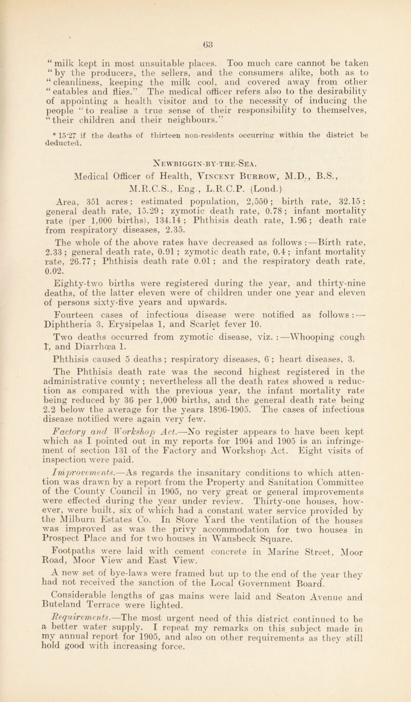 “ milk kept in most unsuitable places. Too much care cannot be taken “ by the producers, the sellers, and the consumers alike, both as to “ cleanliness, keeping the milk cool, and covered away from other “ eatables and flies.” The medical ofticer refers also to the desirability of appointing a health visitor and to the necessity of inducing the people “ to realise a true sense of their responsibility to themselves, “their children and their neighbours.” * 15‘27 if tlie deaths of thirteen non-residents occurring within the district be deducted. Newbiggin-by-the-Sea. Medical Officer of Health, Vincent Burrow, M.D., B.S., M.R.C.S., Eng., L.R.C.P. (Bond.) Area, 351 acres; estimated population, 2,550'; birth rate, 32.15; general death rate, 15.29; zymotic death rate, 0.78; infant mortality rate (per 1,000 births), 134.14; Phthisis death rate, 1.96; death rate from respiratory diseases, 2.35. The whole of the above rates have decreased as follows :—Birth rate, 2.33; general death rate, 0.91 ; zymotic death rate, 0.4; infant mortality rate, 26.77 ; Phthisis death rate 0.01 ; and the respiratory death rate, 0.02. Eighty-two births were registered during the year, and thirty-nine deaths, of the latter eleven were of children under one year and eleven of persons sixty-five years and upwards. Fourteen cases of infectious disease were notified as follows :—- Diphtheria 3, Erysipelas 1, and Scarlet fever 10. Two deaths occurred from zymotic disease, viz. :—Whooping cough T, and Diarrhoea 1. Phthisis caused 5 deaths; respiratory diseases, 6; heart diseases, 3. The Phthisis death rate was the second highest registered in the administrative county ; nevertheless all the death rates showed a reduc¬ tion as compared with the previous year, the infant mortality rate being reduced by 36 per 1,000 births, and the general death rate being 2.2 below the average for the years 1896-1905. The cases of infectious disease notified were again very few. Factory and Workshop Act.—ISTo register appears to have been kept which as I pointed out in my reports for 1904 and 1905 is an infringe¬ ment of section 131 of the Factory and Workshop Act. Eight visits of inspection were paid. Improvements.—As regards the insanitary conditions to which atten¬ tion was drawn by a report from the Property and Sanitation Committee of the County Council in 1905, no very great or general improvements were effected during the year under review. Thirty-one houses, how¬ ever, were built, six of which had a constant water service provided by the Milburn Estates Co. In Store Yard the ventilation of the houses was improved as was the privy accommodation for two houses in Prospect Place and for two houses in Wansbeck Square. Footpaths were laid with cement concrete in Marine Street, Moor Road, Moor View and East View. A new set of bye-laws were framed but up to the end of the year they had not received the sanction of the Local Government Board. Considerable lengths of gas mains were laid and Seaton Avenue and Buteland Terrace were lighted. Requirements.—The most urgent need of this district continued to be a better water supply. I repeat my remarks on this subject made in my annual report for 1905, and also on other requirements as they still hold good with increasing force.