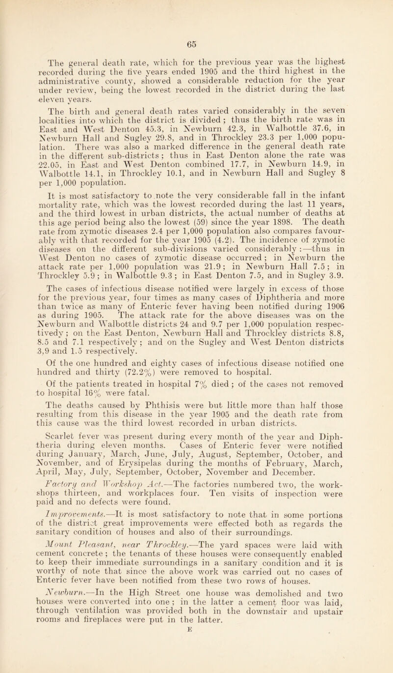 The general death rate, which for the previous year was the highest recorded during the five years ended 1905 and the third highest in the administrative county, showed a considerable reduction for the year under review, being the lowest recorded in the district during the last eleven years. The birth and general death rates varied considerably in the seven localities into which the district is divided ; thus the birth rate was in East and West Denton 45.3, in Newburn 42.3, in Walbottle 37.6, in Newburn Hall and Sugley 29.8, and in Throckley 23.3 per 1,000 popu¬ lation. There was also a marked difference in the general death rate in the different sub-districts ; thus in East Denton alone the rate was 22.05. in East and West Denton combined 17.7, in ISTewburn 14.9, in Walbottle 14.1, in Throckley 10.1, and in Newburn Hall and Sugley 8 per 1,000 population. It is most satisfactory to note the very considerable fall in the infant mortality rate, which was the lowest recorded during the last 11 years, and the third lowest in urban districts, the actual number of deaths at this age period being also the lowest (59) since the year 1898. The death rate from zymotic diseases 2.4 per 1,000 population also compares favour¬ ably with that recorded for the year 1905 (4.2). The incidence of zymotic diseases on the different sub-divisions varied considerably :—thus in West Denton no cases of zymotic disease occurred ; in Newburn the attack rate per 1,000 population was 21.9; in Newburn Hall 7.5; in Throckley 5.9; in Walbottle 9.3; in East Denton 7.5, and in Sugley 3.9. The cases of infectious disease notified were largely in excess of those for the previous year, four times as many cases of Diphtheria and more than twice as many of Enteric fever having been notified during 1906 as during 1905. The attack rate for the above diseases was on the Newburn and Walbottle districts 24 and 9.7 per 1,000 population respec- tivedy; on the East Denton, Newburn Hall and Throckley districts 8.8, 8.5 and 7.1 respectively; and on the Sugley and West Denton districts 3,9 and 1.5 respectively. Of the one hundred and eighty cases of infectious disease notified one hundred and thirty (72.2%) were removed to hospital. Of the patients treated in hospital 7% died ; of the cases not removed to hospital 16% were fatal. The deaths caused by Phthisis were but little more than half those resulting from this disease in the year 1905 and the death rate from this cause was the third lowest recorded in urban districts. Scarlet fever was present during every month of the year and Diph¬ theria during eleven months. Cases of Enteric fever were notified during January, March, June, July, August, September, October, and November, and of Erysipelas during the months of February, March, April, May, July, September, October, November and December. Factory and Workshop) Act.—The factories numbered two, the work¬ shops thirteen, and workplaces four. Ten visits of inspection were paid and no defects were found. Improvements.—It is most satisfactory to note that in some portions of the district great improvements were effected both as regards the sanitary condition of houses and also of their surroundings. Mount Pleasant, near Throckley.-—The yard spaces were laid with cement concrete ; the tenants of these houses were consequently enabled to keep their immediate surroundings in a sanitary condition and it is worthy of note that since the above work was carried out no cases of Enteric fever have been notified from these two rows of houses. Newburn.—In the High Street one house was demolished and two houses were converted into one ; in the latter a cement floor was laid, through ventilation was provided both in the downstair and upstair rooms and fireplaces were put in the latter. E