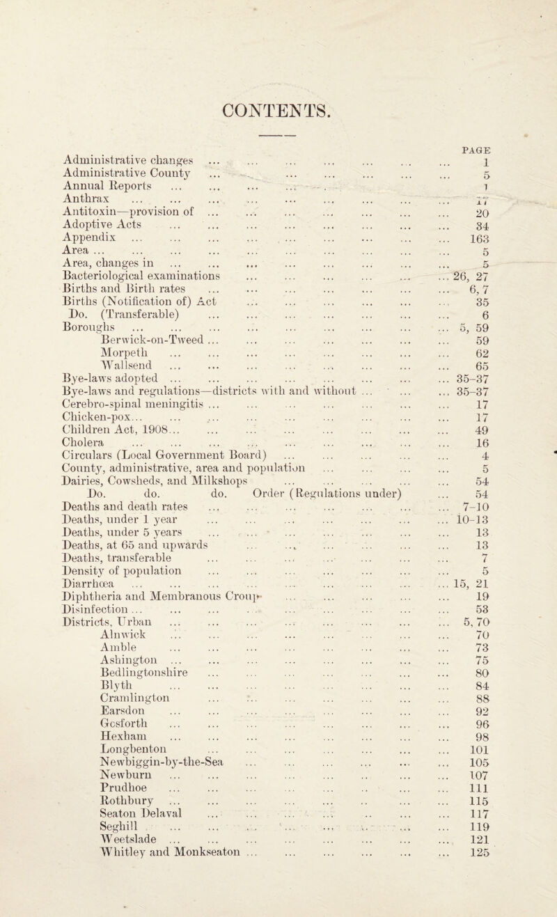 CONTENTS PAGE Administrative changes 1 Administrative Count}^ ... 5 Annual Reports 1 Anthrax ... ± 1 Antitoxin—provision of ... 20 Adoptive Acts 34 Appendix ... ... ... ... ... 163 Area ... 5 Area, changes in 5 Bacteriological examinations ... 26, 27 Births and Birth rates ... 6,7 Births (Notification of) Act 35 Bo. (Transferable) 6 Boroughs ... 5, 59 Berwick-on-Tweed ... 59 Morpeth 62 Wallsend 65 Bye-laws adopted ... ... 35-37 Bye-laws and regulations—districts with and without ... ... 35-37 Cerebro-spinal meningitis ... 17 Chicken-pox... 17 Children Act, 1908... 49 Cholera 16 Circulars (Local Government Board) 4 Countjf, administrative, area and population 5 Bairies, Cowsheds, and Milkshops 54 Bo. do. do. Order (Regulations under) 54 Beaths and death rates ... 7-10 Beaths, under 1 year ... 10-13 Beaths, under 5 years ... , ... 13 Beaths, at 65 and upwards 13 Beaths, transferable 7 Bensity of population 5 Biarrhoea ... 15, 21 Biphtheria and Membranous Croup- 19 Bisinfection ... 53 Bistricts, Urban ... 5,70 Alnwick • ^ ■ 70 Amble 73 Ashington 75 Bedlingtonshire 80 Blyth  . 84 Cramlington 88 Earsdon 92 Gcsforth 96 Hexham 98 Longbenton 101 Newbiggin-by-the-Sea 105 Newburn 107 Prudhoe 111 Rothbury 115 Seaton Belaval ... 117 Seghill 119 Weetslade ... ... ... , , , 121 Whitley and Monkseaton ... ... ... ... 125