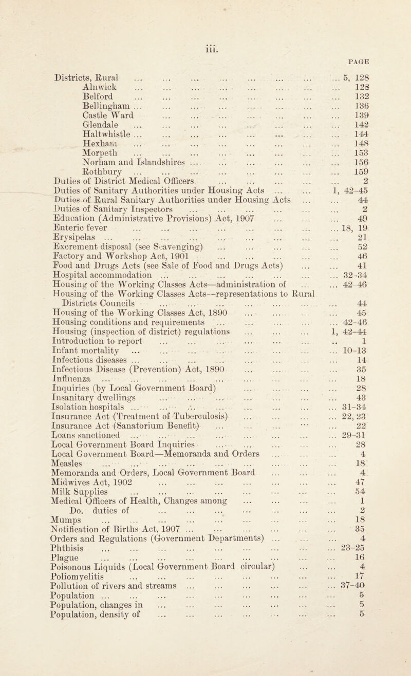 PAGE Districts, Dural Alnwick Belford Bellingham ... Castle Ward Glendale Haltwhistle ... Hexham Morpeth Norham and Islandshires Dothbury Duties of District Medical Officers Duties of Sanitary Authorities under Housing Acts Duties of Dural Sanitary Authorities under Housing Acts Duties of Sanitary Inspectors Education (Administrative Provisions) Act, 1907 Enteric fever Erysipelas ... Excrement disposal (see Scavenging) Factory and Workshop Act, 1901 Pood and Drugs Acts (see Sale of Food and Drugs Acts) Hospital accommodation ... Housing of the Working Classes Acts—administration of Housing of the Working Classes Acts—representations to Dural Districts Councils Housing of the Working Classes Act, 1890 Housing conditions and requirements Housing (inspection of district) regulations Introduction to report Infant mortality ... ... ... ... Infectious diseases ... Infectious Disease (Prevention) Act, 1890 Influenza Inquiries (by Local Government Board) Insanitary dwellings ... ... Isolation hospitals ... ... Insurance Act (Treatment of Tuberculosis) Insurance Act (Sanatorium Benefit) Loans sanctioned ... Local Government Board Inquiries .... Local Government Board—Memoranda and Orders Measles ... ...- • ... ... ... Memoranda and Orders, Local Government Board Midwives Act, 1902 Milk Supplies Medical Officers of Health, Changes among Do. duties of Mumps Notification of Births Act, 1907 ... Orders and Begulations (Government Departments) Phthisis Plague Poisonous Liquids (Local Government Board circular) Poliomyelitis Pollution of rivers and streams ... Population ... Population, changes in Population, density of ... 5, 128 128 132 136 139 142 144 148 153 156 159 2 1, 42-45 44 2 49 ... 18, 19 21 52 46 41 ... 32-34 ... 42-46 44 45 ... 42-46 1, 42-44 1 ... 10-13 14 35 18 28 43 ... 31-34 ... 22,23 22 ... 29-31 28 4 18 4 47 54 1 2 18 35 4 ... 23-25 16 4 17 ... 37-40 5 5