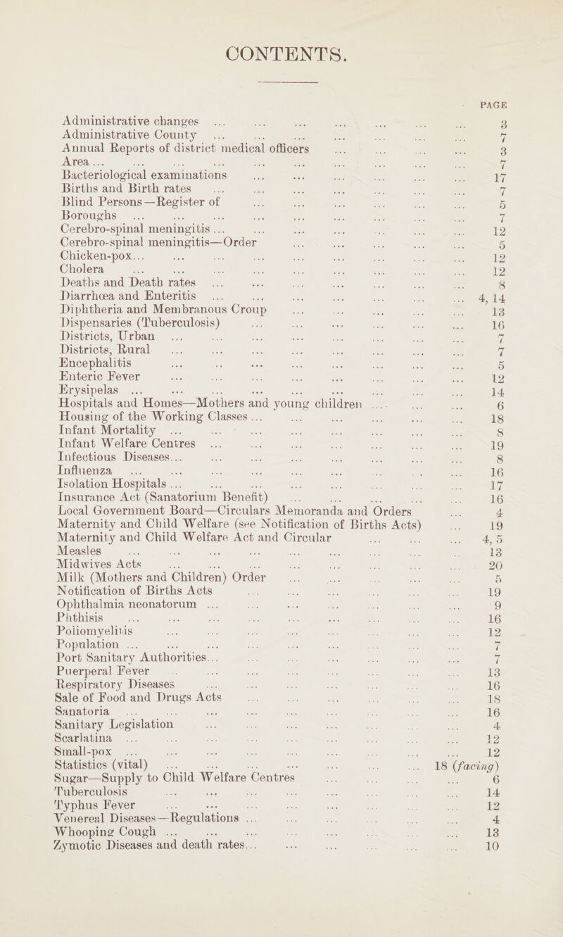 CONTENTS. Administrative changes PAGE 3 Administrative Count}7 7 Annual Reports of district medical officers 3 Area... 7 Bacteriological examinations 17 Births and Birth rates 7 5 Blind Persons—Register of Boroughs 7 Cerebro-spinal meningitis ... 12 Cerebro-spinal meningitis—Order 5 Chicken-pox... 12 Cholera 12 Deaths and Death rates 8 Diarrhoea and Enteritis 4. 14 Diphtheria and Membranous Croup 13 Dispensaries (Tuberculosis) 16 Districts, Urban 7 Districts, Rural 7 Encephalitis 5 Enteric Eever 12 Erysipelas ... 14 Hospitals and Homes—Mothers and young children .... 6 Housing of the Working Classes ... 18 Infant Mortality ... ... 8 Infant Welfare Centres 19 Infectious Diseases... 8 Influenza 16 Isolation Hospitals ... 17 Insurance Act (Sanatorium Benefit) 16 Local Government Board—Circulars Memoranda and Orders 4 Maternit}7 and Child Welfare (see Notification of Births Acts) 19 Maternity and Child Welfare Act and Circular 4, 5 Measles 13 Midwives Acts 20 Milk (Mothers and Children) Order 5 Notification of Births Acts 19 Ophthalmia neonatorum ... 9 Phthisis 16 Poliomyelitis 12 Population ... / Port Sanitary Authorities... ... i Puerperal Eever 13 Respiratory Diseases 16 Sale of Food and Drugs Acts 18 Sanatoria 16 Sanitary Legislation 4 Scarlatina ... 12 Small-pox ... 12 Statistics (vital) 18 (facing) Sugar—Supply to Child Welfare Centres 6 Tuberculosis 14 Typhus Eever 12 Venereal Diseases—Regulations ... 4 Whooping Cough ... 13 Zymotic Diseases and death rates... 10