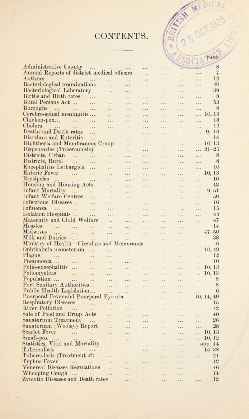 CONTENTS. Administrative County A nnual Reports of district medical officers Anthrax Bacteriological examinations Bacteriological Laboratory Births and Birth rates Blind Persons Act ... Boroughs Cerebro-spinal meningitis Chicken-pox... Cholera Deaths and Death rates Diarrhoea and Enteritis Diphtheria and Membranous Croup Dispensaries (Tuberculosis) Districts, Urban Districts, Rural Encephalitis Lethargiea ... Enteric Eever . Erysipelas ... Housing and Housing Acts Infant Mortality ... Infant Welfare Centres Infectious Diseases... Influenza Isolation Hospitals ... Maternity and Child Welfare Measles Midwives Milk and Dairies ... Ministry of Health—Circulars and Memoranda Ophthalmia neonatorum Plague Pneumonia ... Polio-encephalitis Poliomyelitis Population ... Port Sanitary Authorities... Public Health Legislation... Puerperal Eever and Puerperal Pyrexia Respiratory Diseases River Pollution Sale of Food and Drugs Acts Sanatorium Treatment Sanatorium (Woole}7) Report Scarlet Eever Small-pox Statistics, Vital and Mortality Tuberculosis Tuberculosis (Treatment of) Typhus Eever Venereal Diseases Regulations Whooping Cough ... Zymotic Diseases and Death rates