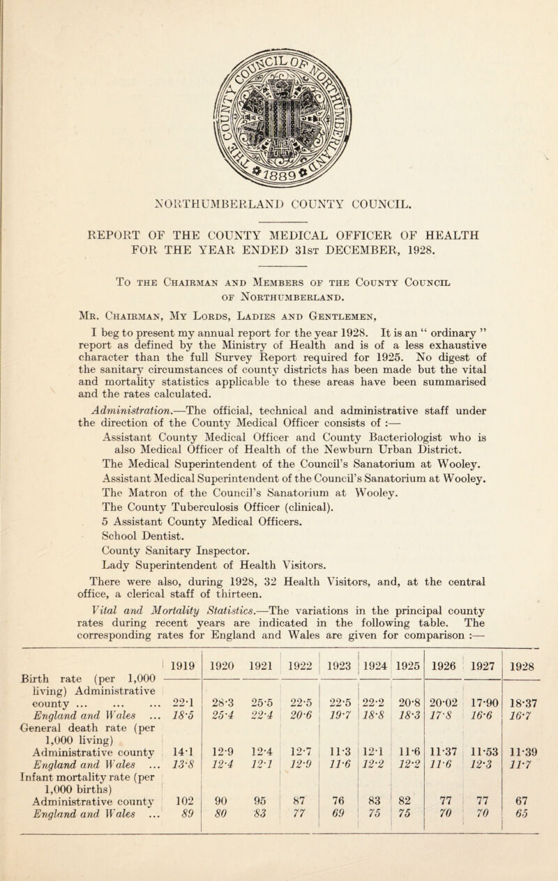 NORTHUMBERLAND COUNTY COUNCIL. REPORT OF THE COUNTY MEDICAL OFFICER OF HEALTH FOR THE YEAR ENDED 31st DECEMBER, 1928. To the Chairman and Members of the County Council of Northumberland. Mr. Chairman, My Lords, Ladies and Gentlemen, I beg to present my annual report for the year 1928. It is an “ ordinary ” report as defined by the Ministry of Health and is of a less exhaustive character than the full Survey Report required for 1925. No digest of the sanitary circumstances of county districts has been made but the vital and mortality statistics applicable to these areas have been summarised and the rates calculated. Administration.—The official, technical and administrative staff under the direction of the County Medical Officer consists of :— Assistant County Medical Officer and County Bacteriologist who is also Medical Officer of Health of the Newburn Urban District. The Medical Superintendent of the Council’s Sanatorium at Wooley. Assistant Medical Superintendent of the Council’s Sanatorium at Wooley. The Matron of the Council’s Sanatorium at Wooley. The County Tuberculosis Officer (clinical). 5 Assistant County Medical Officers. School Dentist. County Sanitary Inspector. Lady Superintendent of Health Visitors. There were also, during 1928, 32 Health Visitors, and, at the central office, a clerical staff of thirteen. Vital and Mortality Statistics.—The variations in the principal county rates during recent years are indicated in the following table. The corresponding rates for England and Wales are given for comparison Birth rate (per 1,000 1919 1920 1921 1922 1923 1924 1925 1926 1927 1928 living) Administrative county ... 22*1 28-3 25-5 22-5 22-5 22-2 20*8 20-02 17-90 18-37 England and Wales General death rate (per 18-5 25-4 22-4 20-6 19-7 18-8 18-3 17-8 16-6 16-7 1,000 living) Administrative county 14-1 12-9 12-4 12*7 1D3 12T 11-6 11-37 11-53 11-39 England and Wales Infant mortality rate (per 13-8 12-4 12‘1 12-9 11-6 12-2 12-2 116 12-3 11-7 1,000 births) Administrative county 102 90 95 87 76 83 82 77 77 67