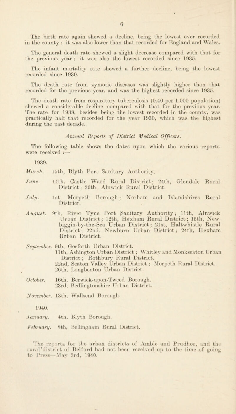 The birth rate again shewed a decline, being the lowest ever recorded in the county ; it was also lower than that recorded for England and Wales. The general death rate shewed a slight decrease compared with that for the previous year ; it was also the lowest recorded since 1935. The infant mortality rate shewed a further decline, being the lowest recorded since 1930. The death rate from zymotic diseases was slightly higher than that recorded for the previous year, and was the highest recorded since 1935. The death rate from respiratory tuberculosis (0.40 per 1,000 population) shewed a considerable decline compared with that for the previous year. The rate for 1938, besides being the lowest recorded in the county, was practically half that recorded for the year 1930, which was the highest during the past decade. Annual Reports of District Medical Officers. The following table shews the dates upon which the various reports were received :— 1939. March. 15th, Blyth Port Sanitary Authority. June. 14th, Castle Ward Rural District; 24th, Glendale Rural District,- 30th. Alnwick Rural District. July. 1st, Morpeth Borough; Norham and Islandshires Rural District. Avgust. 9th, River Tyne Port Sanitary Authority; 11th, Alnwick Urban District; 12th, Hexham Rural District; 15th, New- biggin-by-the-Sea Urban District; 21st, Haltwhistle Rural District; 22nd, Newburn Urban District; 24th, Hexham Urban District. September. 9th, Gosforth Urban District. 11th, Ashington Urban District ; Whitley and Monkseaton Urban District ; Rothbury Rural District. 22ncl, Seaton Valley Urban District ; Morpeth Rural District. 26th, Longbenton Urban District. October. 16th, Berwick-upon-Tweed Borough. 23rd, Bedlingtonshire Urban District. November. 13th, Wallsend Borough. 1940. January. 4th, Blyth Borough. February. 8th. Bellingham Rural District. The reports for the urban districts of Amble and Prudhoe, and the rural ‘district of Belford had not been received up to the time of going to Press—May 3rd, 1940.