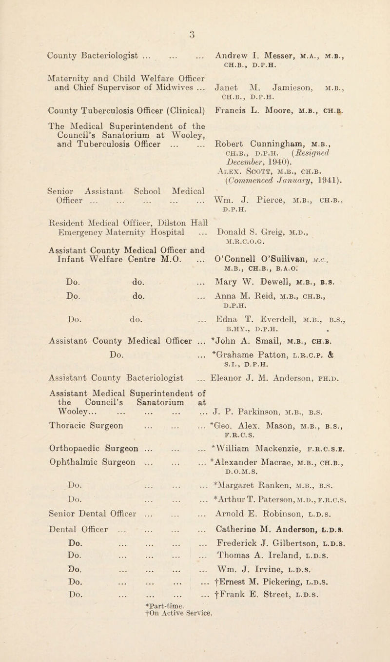 County Bacteriologist ... Maternity and Child Welfare Officer and Chief Supervisor of Midwives ... County Tuberculosis Officer (Clinical) The Medical Superintendent of the Council’s Sanatorium at Wooley, and Tuberculosis Officer ... Senior Assistant School Medical Officer ... Resident Medical Officer, Dilston Hall Emergency Maternity Hospital Assistant County Medical Officer Infant Welfare Centre M.O. Do. do. Do. do. Do. do. Assistant County Medical Officer Do. Assistant County Bacteriologist Assistant Medical Superintendent the Council’s Sanatorium Wooley... Thoracic Surgeon Orthopaedic Surgeon ... Ophthalmic Surgeon ... Do. . Do. . Senior Dental Officer ... Dental Officer Do. Do. . Do. Do. Do. *Part-time. fOn Active S Andrew I. Messer, m.a., m.b., ch.b., D.P.H. Janet M. Jamieson, m.b., ch.b., D.P.H. Francis L. Moore, m.b., ch.b. Robert Cunningham, m.b., ch.b., d.p.h. (Resigned December, 1940). Alex. Scott, m.b., ch.b. (Commenced January, 1941). Wm. J. Pierce, m.b., ch.b., d.p.h. Donald S. Greig, m.d., m.r.c.o.g. O’Connell O’Sullivan, u.c., M.B., CH.B., B.A.O. Mary W. Deweli, m.b., b.s. Anna M. Reid, m.b., ch.b., d.p.h. Edna T. Everdell, m.b., b.s., B.HY., D.P.H. ... *John A. Smail, m.b., ch.b. ... *Grahame Patton, l.r.c.p. k S.I., D.P.H. ... Eleanor J. M. Anderson, ph.d. of at ... J. P. Parkinson, m.b., b.s. ... *Geo. Alex. Mason, m.b., b.s., f.r.c.s. ... * William Mackenzie, f.r.c.s.e. ... * Alexander Macrae, m.b., ch.b., d.o.m.s. ... ^Margaret Ranken, m.b., b.s. ... * Arthur T. Paterson, m.d., f.r.c.s. ... Arnold E. Robinson, l.d.s. ... Catherine M. Anderson, l.d.s. ... Frederick J. Gilbertson, l.d.s. Thomas A. Ireland, l.d.s. ... Wm. J. Irvine, l.d.s. ... tEmest M. Pickering, l.d.s. ... fFrank E. Street, l.d.s. rvice.