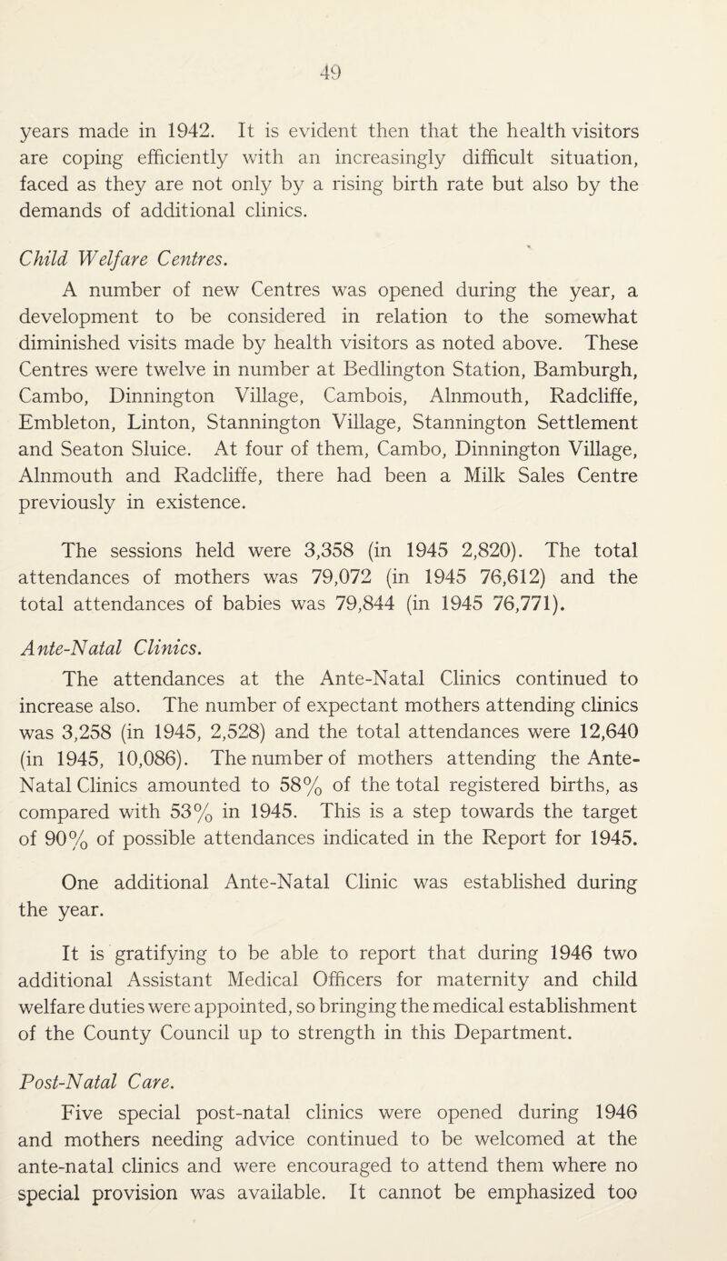 years made in 1942. It is evident then that the health visitors are coping efficiently with an increasingly difficult situation, faced as they are not only by a rising birth rate but also by the demands of additional clinics. Child Welfare Centres. A number of new Centres was opened during the year, a development to be considered in relation to the somewhat diminished visits made by health visitors as noted above. These Centres were twelve in number at Bedlington Station, Bamburgh, Cambo, Dinnington Village, Cambois, Alnmouth, Radcliffe, Embleton, Linton, Stannington Village, Stannington Settlement and Seaton Sluice. At four of them, Cambo, Dinnington Village, Alnmouth and Radcliffe, there had been a Milk Sales Centre previously in existence. The sessions held were 3,358 (in 1945 2,820). The total attendances of mothers was 79,072 (in 1945 76,612) and the total attendances of babies was 79,844 (in 1945 76,771). Ante-Natal Clinics. The attendances at the Ante-Natal Clinics continued to increase also. The number of expectant mothers attending clinics was 3,258 (in 1945, 2,528) and the total attendances were 12,640 (in 1945, 10,086). The number of mothers attending the Ante- Natal Clinics amounted to 58% of the total registered births, as compared with 53% in 1945. This is a step towards the target of 90% of possible attendances indicated in the Report for 1945. One additional Ante-Natal Clinic was established during the year. It is gratifying to be able to report that during 1946 two additional Assistant Medical Officers for maternity and child welfare duties were appointed, so bringing the medical establishment of the County Council up to strength in this Department. Post-Natal Care. Five special post-natal clinics were opened during 1946 and mothers needing advice continued to be welcomed at the ante-natal clinics and were encouraged to attend them where no special provision was available. It cannot be emphasized too