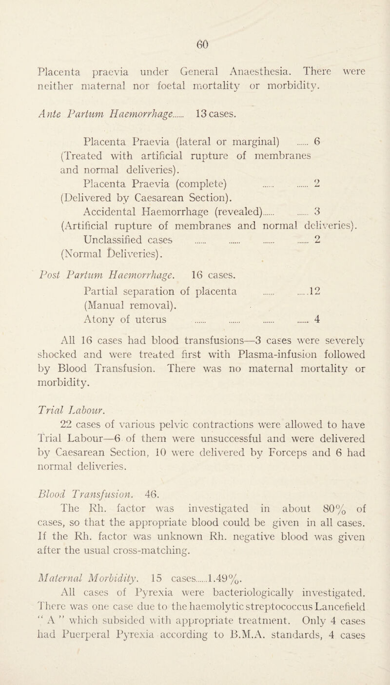 Placenta praevia under General Anaesthesia. There were neither maternal nor foetal mortality or morbidity. Ante Partum Haemorrhage. 13cases. Placenta Praevia (lateral or marginal) . 6 (Treated with artificial rupture of membranes and normal deliveries). Placenta Praevia (complete) 2 (Delivered by Caesarean Section). Accidental Haemorrhage (revealed). 3 (Artificial rupture of membranes and normal deliveries). Unclassified cases . 2 (Normal Deliveries). Post Partum Haemorrhage. 16 cases. Partial separation of placenta . .12 (Manual removal). Atonv of uterus . 4 All 16 cases had blood transfusions—3 cases were severely shocked and were treated first with Plasma-infusion followed by Blood Transfusion. There was no maternal mortality or morbidity. Trial Labour. 22 cases of various pelvic contractions were allowed to have Trial Labour—6 of them were unsuccessful and were delivered by Caesarean Section, 10 were delivered by Forceps and 6 had normal deliveries. Blood Transfusion. 46. The Rh. factor was investigated in about 80% of cases, so that the appropriate blood could be given in all cases. If the Rh. factor was unknown Rh. negative blood was given after the usual cross-matching. Maternal Morbidity. 15 cases.1.49%. All cases of Pyrexia were bacteriologically investigated. There was one case due to the haemolytic streptococcus Lancefield “ A ” which subsided with appropriate treatment. Only 4 cases had Puerperal Pyrexia according to B.M.A. standards, 4 cases