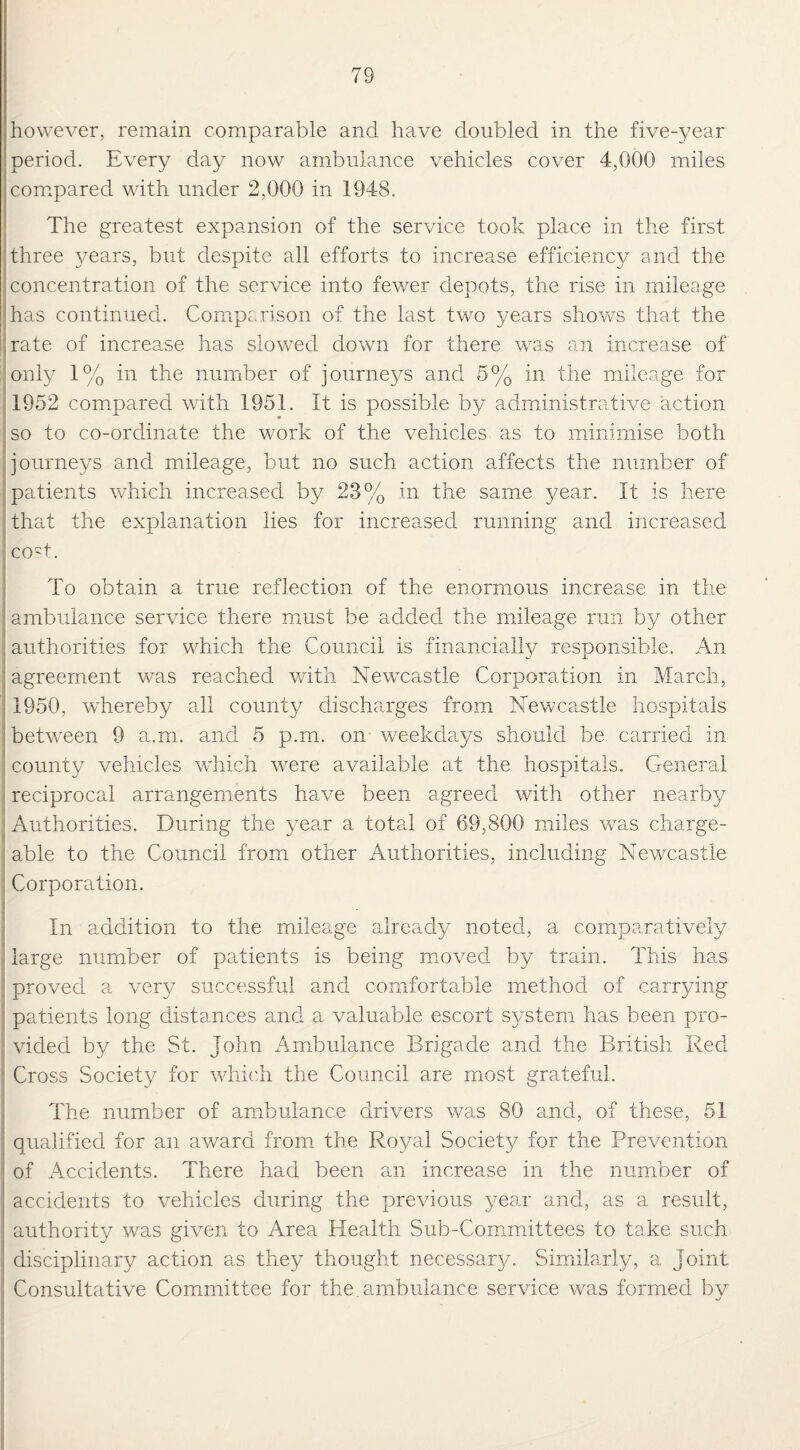 however, remain comparable and have doubled in the five-year period. Every day now ambulance vehicles cover 4,000 miles compared with under 2,000 in 1948. The greatest expansion of the service took place in the first three years, but despite all efforts to increase efficiency and the concentration of the service into fewer depots, the rise in mileage has continued. Comparison of the last two years shows that the rate of increase has slowed down for there was an increase of only 1% in the number of journeys and 5% in the mileage for 1952 compared with 1951. It is possible by administrative action so to co-ordinate the work of the vehicles as to minimise both journeys and mileage, but no such action affects the number of patients which increased by 23% in the same year. It is here that the explanation lies for increased running and increased ; cost. To obtain a true reflection of the enormous increase in the ambulance service there must be added the mileage run by other authorities for which the Council is financially responsible. An agreement was reached with Newcastle Corporation in March, 1950, whereby all county discharges from Newcastle hospitals between 9 a.m. and 5 p.m. on weekdays should be carried in county vehicles which were available at the hospitals. General reciprocal arrangements have been agreed with other nearby Authorities. During the year a total of 69,800 miles was charge¬ able to the Council from other Authorities, including Newcastle Corporation. In addition to the mileage already noted, a comparatively large number of patients is being moved by train. This has proved a very successful and comfortable method of carrying patients long distances and a valuable escort system has been pro¬ vided by the St. John Ambulance Brigade and the British Red Cross Society for which the Council are most grateful. The number of ambulance drivers was 80 and, of these, 51 qualified for an award from the Royal Society for the Prevention of Accidents. There had been an increase in the number of ' accidents to vehicles during the previous year and, as a result, , authority was given to Area Health Sub-Committees to take such : disciplinary action as they thought necessary. Similarly, a Joint Consultative Committee for the.ambulance service was formed by