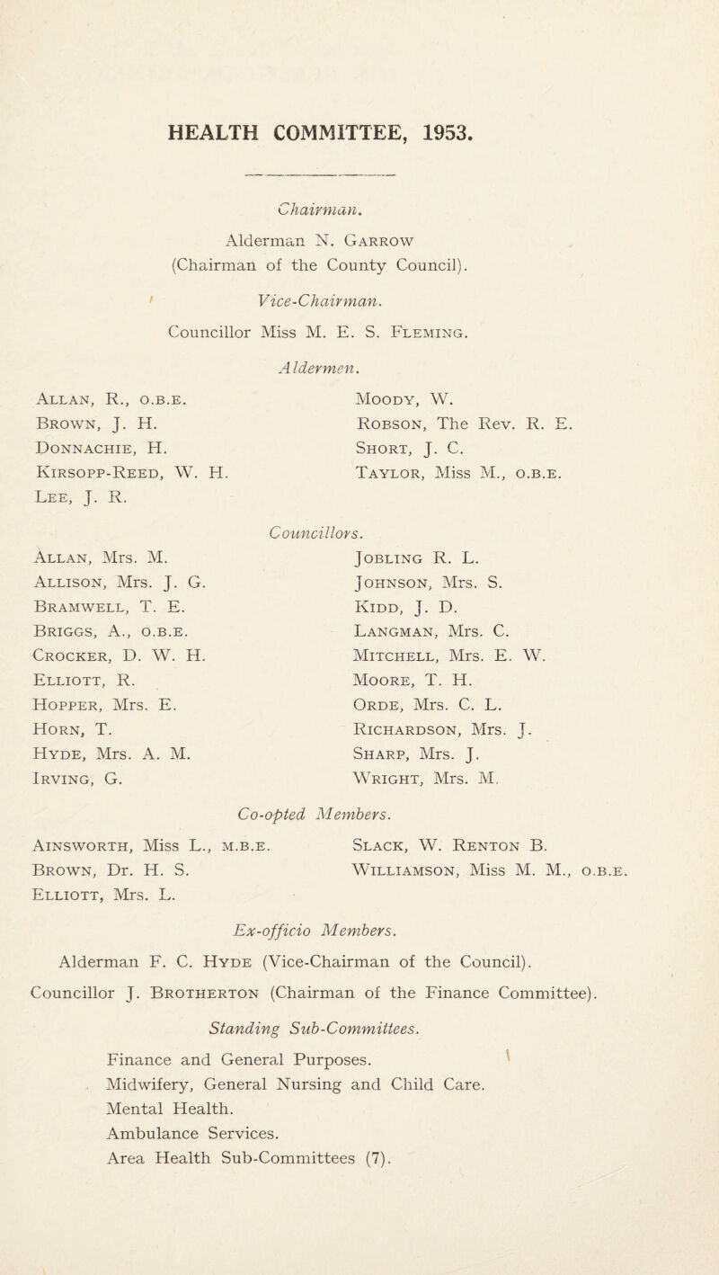 HEALTH COMMITTEE, 1953 Chairman. Alderman N. Garrow (Chairman of the County Council). Vice-Chairman. Councillor Miss M. E. S. Fleming. Aldermen. Moody, W. Robson, The Rev. R. E. Short, J. C. Taylor, Miss M., o.b.e. Councillors. JOBLING R. L. Johnson, Mrs. S. Kidd, J. D. Langman, Mrs. C. Mitchell, Mrs. E. W. Moore, T. H. Orde, Mrs. C. L. Richardson, Mrs. J. Sharp, Mrs. J. Wright, Mrs. M, Co-opted Members. Ainsworth, Miss L., m.b.e. Slack, W. Renton B. Brown, Dr. H. S. Williamson, Miss M. M., o.b.e. Elliott, Mrs. L. Ex-officio Members. Alderman F. C. Hyde (Vice-Chairman of the Council). Councillor J. Brotherton (Chairman of the Finance Committee). Standing Sub-Committees. Finance and General Purposes. Midwifery, General Nursing and Child Care. Mental Health. Ambulance Services. Area Health Sub-Committees (7). Allan, R., o.b.e. Brown, J. H. Donnachie, H. Kirsopp-Reed, W. H. Lee, J. R. Allan, Mrs. M. Allison, Mrs. J. G. Bramwell, T. E. Briggs, A., o.b.e. Crocker, D. W. H. Elliott, R. Hopper, Mrs. E. Horn, T. Hyde, Mrs. A. M. Irving, G.