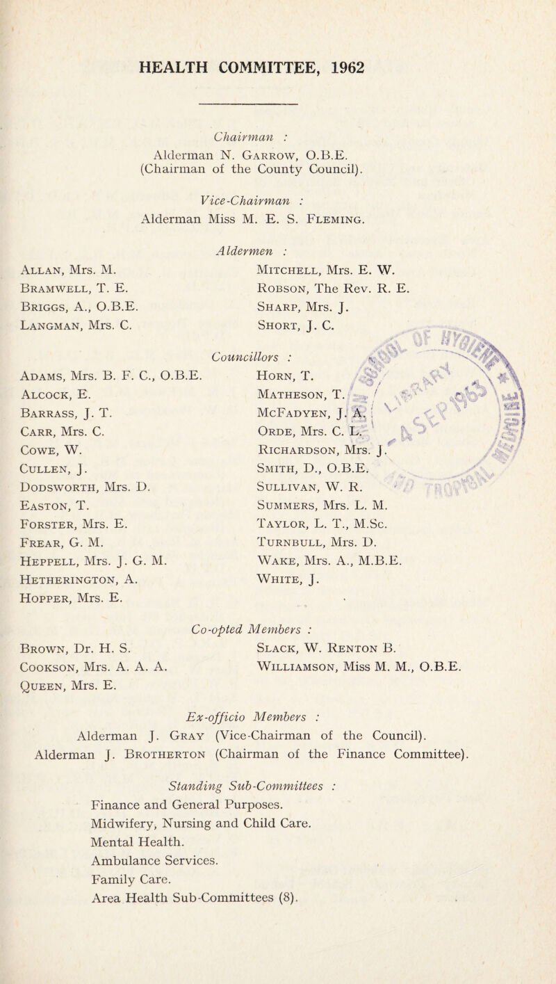 I HEALTH COMMITTEE, 1962 Chairman : Alderman N. Garrow, O.B.E. (Chairman of the County Council). Vice-Chairman : Alderman Miss M, E. S. Fleming. Allan, Mrs. M. Bramwell, T. E. Briggs, A., O-B.E. Langman, Mrs. C. Adams, Mrs. B. F. C., O.B.E. Alcock, E. Barrass, J. T. Carr, Mrs. C. COWE, W. Cullen, J. UoDswoRTH, Mrs. D. Easton, T. Forster, Mrs. E. Frear, G. M. Heppell, Mrs. J. G. M. Hetherington, a. Hopper, Mrs. E. A Idermen : Mitchell, Mrs. E. W. Robson, The Rev. R. E. Sharp, Mrs. J. Short, J. C. Councillors : Horn, T. MaTHESON, T. / vv McFadyen, J.hA:'; Orde, Mrs. C. L.' ^ t\ Richardson, Mrs. j. Smith, D., O.B.E, >■ Sullivan, W. R. ' . Summers, Mrs. L. M. Taylor, L. T., M.Sc. Turnbull, Mrs. D. Wake, Mrs. A., M.B.E. White, J. Co-opted Members : Brown, Dr. H. S. Slack, W. Renton B. CooKSON, Mrs. A. A. A. Williamson, Miss M. M., O.B.E. Queen, Mrs. E. Ex-officio Members : Alderman J. Gray (Vice-Chairman of the Council). Alderman J. Brotherton (Chairman of the Finance Committee). Standing Sub-Committees : Finance and General Purposes. Midwifery, Nursing and Child Care. Mental Health. Ambulance Services. Family Care. Area Health Sub-Committees (8).