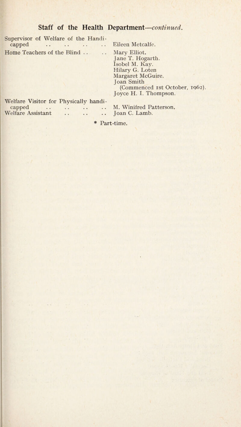 Supervisor of Welfare of the Handi¬ capped Home Teachers of the Blind .. Welfare Visitor for Physical!}^ handi¬ capped •• •• •• •• Welfare Assistant Eileen Metcalfe. Mary Elliot. Jane T. Hogarth. Isobel M. Kay. Hilary G. Loten Margaret McGuire. Joan Smith (Commenced ist October, 1062) Joyce H. I. Thompson. M. Winifred Patterson, Joan C. Lamb. * Part-time.