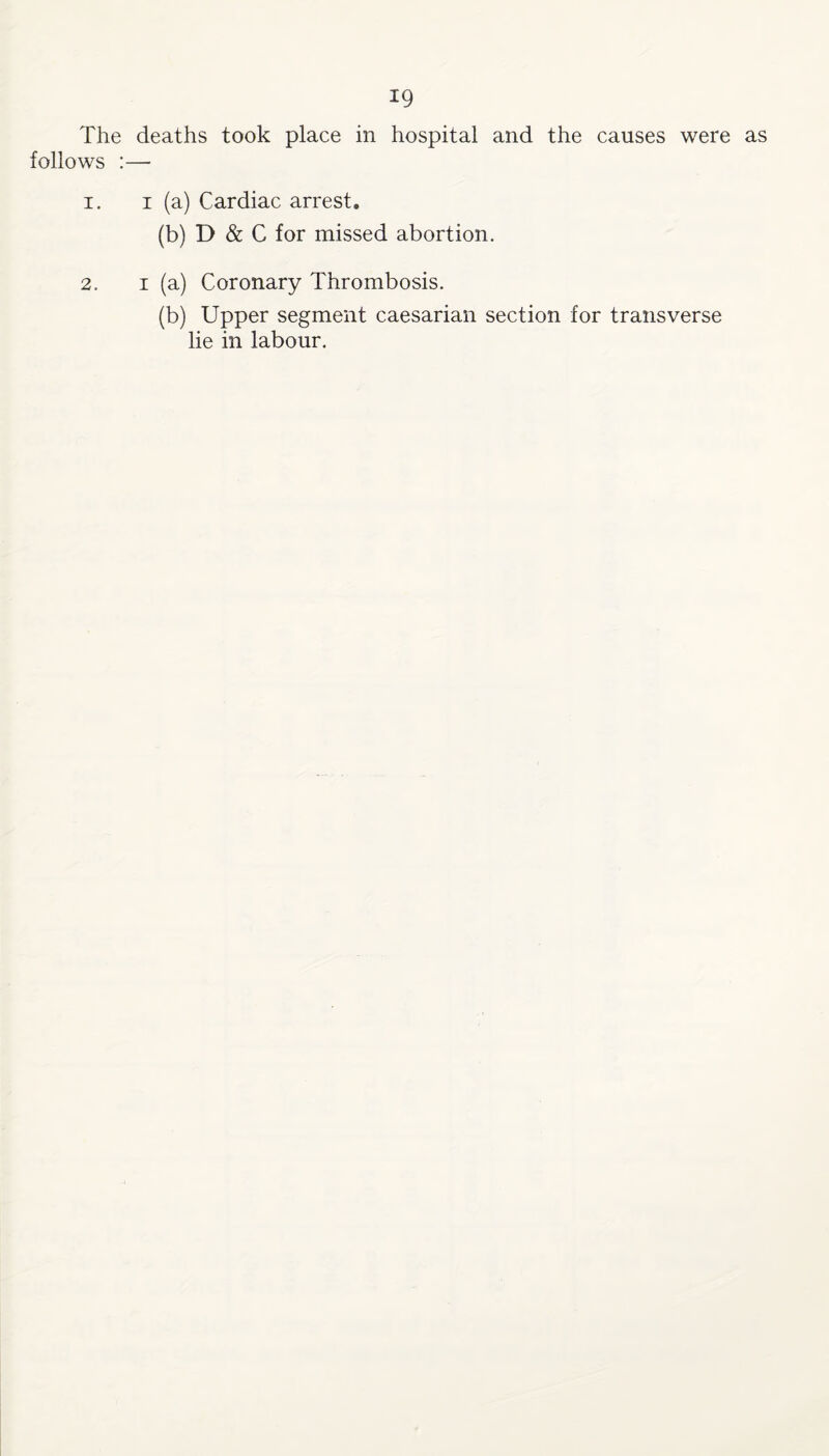The deaths took place in hospital and the causes were as follows :— 1. i (a) Cardiac arrest. (b) D & C for missed abortion. 2. i (a) Coronary Thrombosis. (b) Upper segment caesarian section for transverse lie in labour.