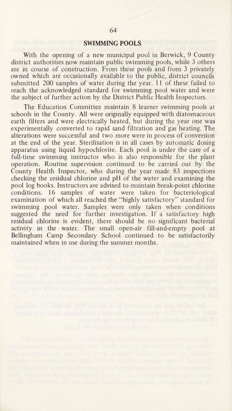 SWIMMING POOLS With the opening of a new municipal pool in Berwick, 9 County district authorities now maintain public swimming pools, while 3 others are in course of construction. From these pools and from 3 privately owned which are occasionally available to the public, district councils submitted 200 samples of water during the year. 11 of these failed to reach the acknowledged standard for swimming pool water and were the subject of further action by the District Public Health Inspectors. The Education Committee maintain 8 learner swimming pools at schools in the County. All were originally equipped with diatomaceous earth filters and were electrically heated, but during the year one was experimentally converted to rapid sand filtration and gas heating. The alterations were successful and two more were in process of conversion at the end of the year. Sterilisation is in all cases by automatic dosing apparatus using liquid hypochlorite. Each pool is under the care of a full-time swimming instructor who is also responsible for the plant operation. Routine supervision continued to be carried out by the County Health Inspector, who during the year made 83 inspections checking the residual chlorine and pH of the water and examining the pool log books. Instructors are advised to maintain break-point chlorine conditions. 16 samples of water were taken for bacteriological examination of which all reached the “highly satisfactory” standard for swimming pool water. Samples were only taken when conditions suggested the need for further investigation. If a satisfactory high residual chlorine is evident, there should be no significant bacterial activity in the water. The small open-air fill-and-empty pool at Bellingham Camp Secondary School continued to be satisfactorily maintained when in use during the summer months.