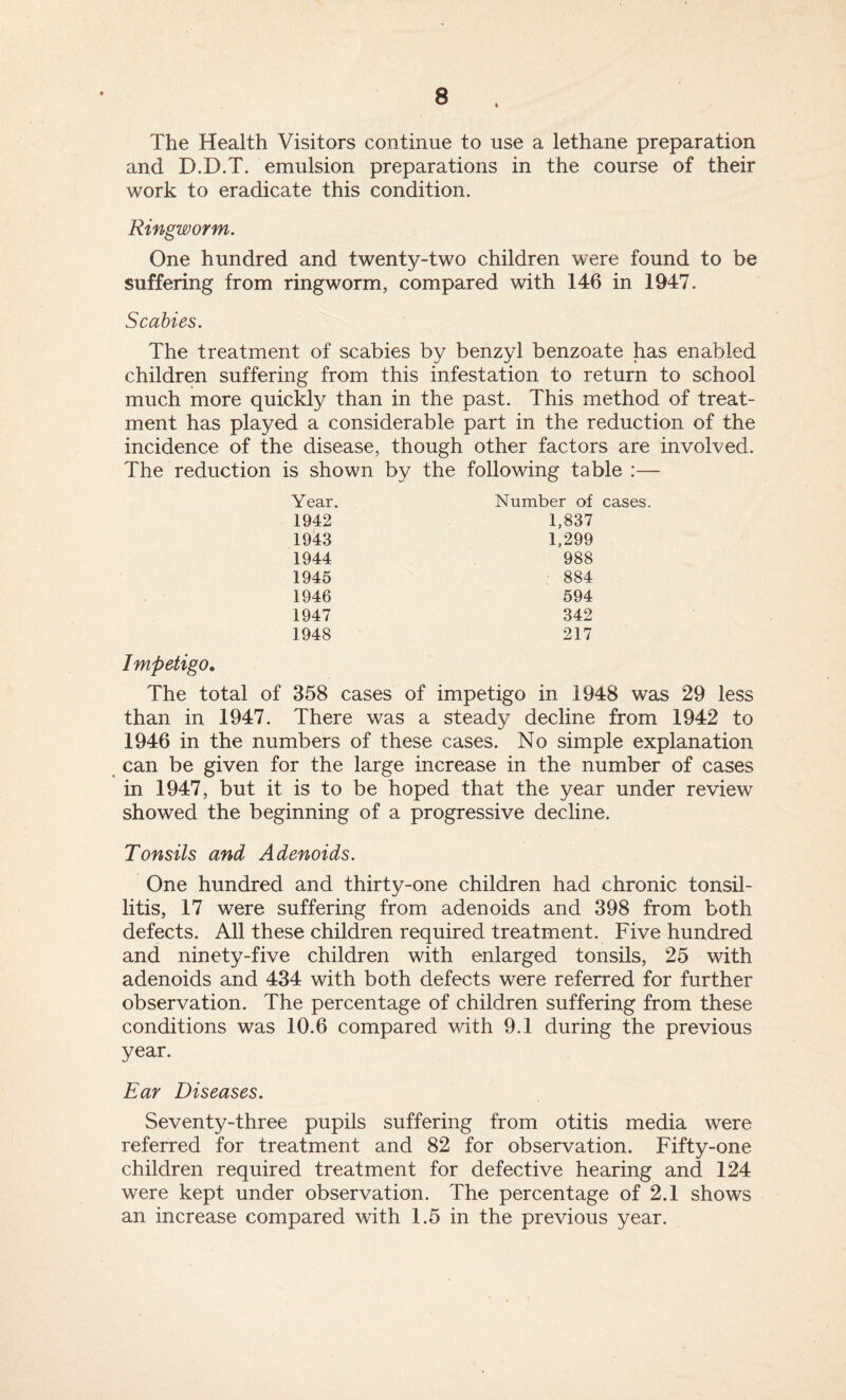 The Health Visitors continue to use a lethane preparation and D.D.T. emulsion preparations in the course of their work to eradicate this condition. Ringworm. One hundred and twenty-two children were found to be suffering from ringworm, compared with 146 in 1947. Scabies. The treatment of scabies by benzyl benzoate has enabled children suffering from this infestation to return to school much more quickly than in the past. This method of treat¬ ment has played a considerable part in the reduction of the incidence of the disease, though other factors are involved. The reduction is shown by the following table :— Year. Number of cases 1942 1,837 1943 1,299 1944 988 1945 884 1946 594 1947 342 1948 217 Impetigo. The total of 358 cases of impetigo in 1948 was 29 less than in 1947. There was a steady decline from 1942 to 1946 in the numbers of these cases. No simple explanation can be given for the large increase in the number of cases in 1947, but it is to be hoped that the year under review showed the beginning of a progressive decline. Tonsils and Adenoids. One hundred and thirty-one children had chronic tonsil¬ litis, 17 were suffering from adenoids and 398 from both defects. All these children required treatment. Five hundred and ninety-five children with enlarged tonsils, 25 with adenoids and 434 with both defects were referred for further observation. The percentage of children suffering from these conditions was 10.6 compared with 9.1 during the previous year. Ear Diseases. Seventy-three pupils suffering from otitis media were referred for treatment and 82 for observation. Fifty-one children required treatment for defective hearing and 124 were kept under observation. The percentage of 2.1 shows an increase compared with 1.5 in the previous year.