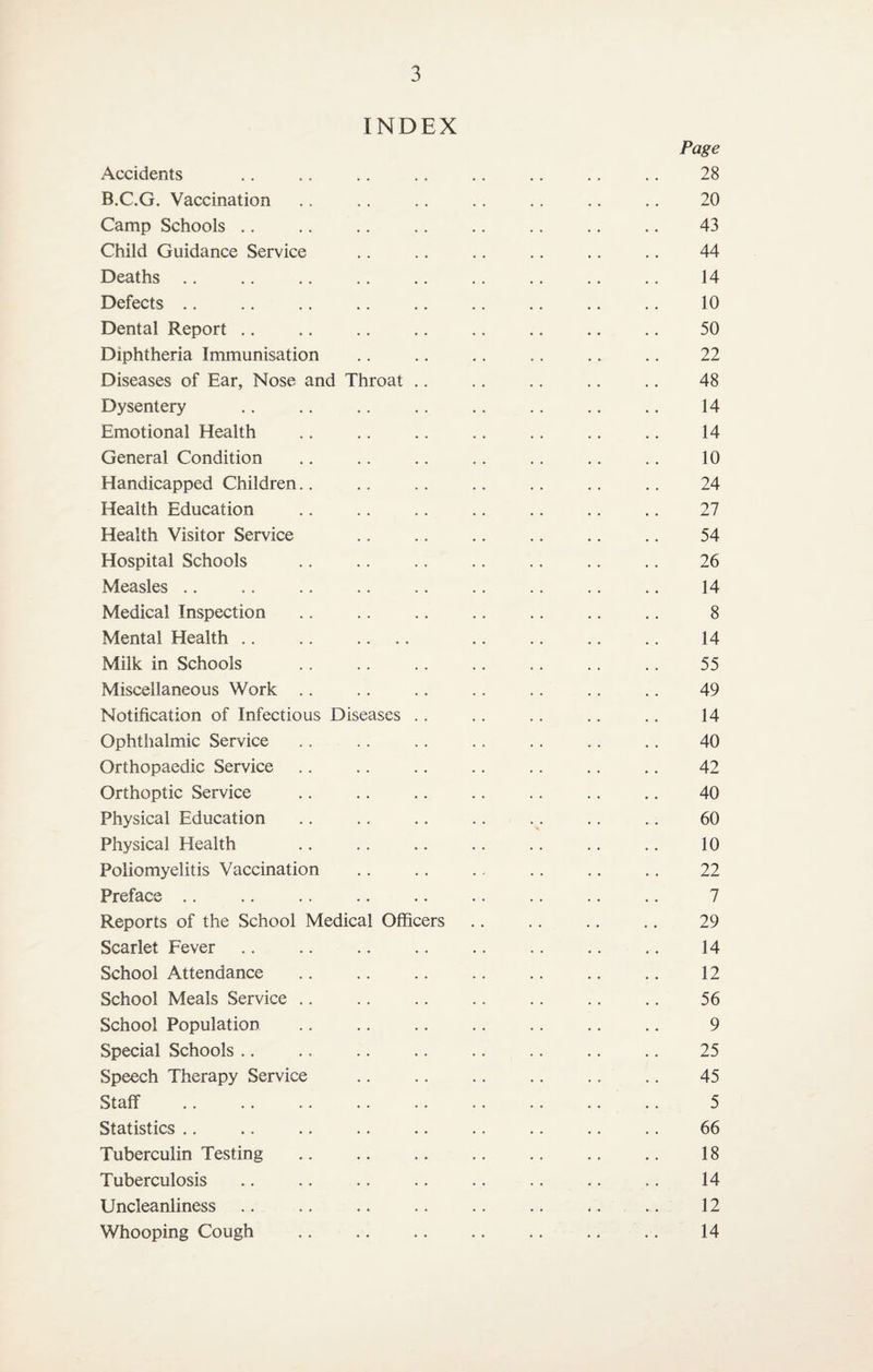 INDEX Page Accidents .. .. .. .. .. .. .. .. 28 B.C.G. Vaccination .. .. .. .. .. .. .. 20 Camp Schools .. .. .. .. .. .. .. .. 43 Child Guidance Service .. .. .. .. .. .. 44 Deaths .. .. .. .. .. .. .. .. .. 14 Defects .. .. .. .. .. .. .. .. .. 10 Dental Report .. .. .. .. .. .. .. .. 50 Diphtheria Immunisation .. .. .. .. .. .. 22 Diseases of Ear, Nose and Throat .. .. .. .. .. 48 Dysentery .. .. .. .. .. .. .. .. 14 Emotional Health .. .. .. .. .. .. .. 14 General Condition .. .. .. .. .. .. .. 10 Handicapped Children.. .. .. .. .. .. .. 24 Health Education .. .. .. .. .. .. .. 27 Health Visitor Service .. .. .. .. .. .. 54 Hospital Schools .. .. .. .. .. .. .. 26 Measles .. .. .. .. .. .. .. .. .. 14 Medical Inspection .. .. .. .. .. .. .. 8 Mental Health .. .. .... .. .. .. .. 14 Milk in Schools .. .. .. .. .. .. .. 55 Miscellaneous Work .. .. .. .. .. .. .. 49 Notification of Infectious Diseases . . .. .. .. .. 14 Ophthalmic Service .. .. .. .. .. .. .. 40 Orthopaedic Service .. .. .. .. .. .. .. 42 Orthoptic Service .. .. .. .. .. .. .. 40 Physical Education .. .. .. .. .. .. .. 60 Physical Health .. .. .. .. .. .. .. 10 Poliomyelitis Vaccination .. .. .. .. .. .. 22 Preface .. .. .. .. .. .. .. .. .. 7 Reports of the School Medical Officers .. .. .. .. 29 Scarlet Fever .. .. .. .. .. .. .. .. 14 School Attendance . 12 School Meals Service .. .. .. .. .. .. .. 56 School Population . 9 Special Schools .. .. .. .. .. .. .. .. 25 Speech Therapy Service . 45 Staff . 5 Statistics .. .. .. .. .. .. .. .. .. 66 Tuberculin Testing .. .. .. .. .. .. .. 18 Tuberculosis .. .. .. .. .. .. .. .. 14 Uncleanliness .. .. .. .. .. .. .. .. 12 Whooping Cough .. .. .. .. .. .. .. 14