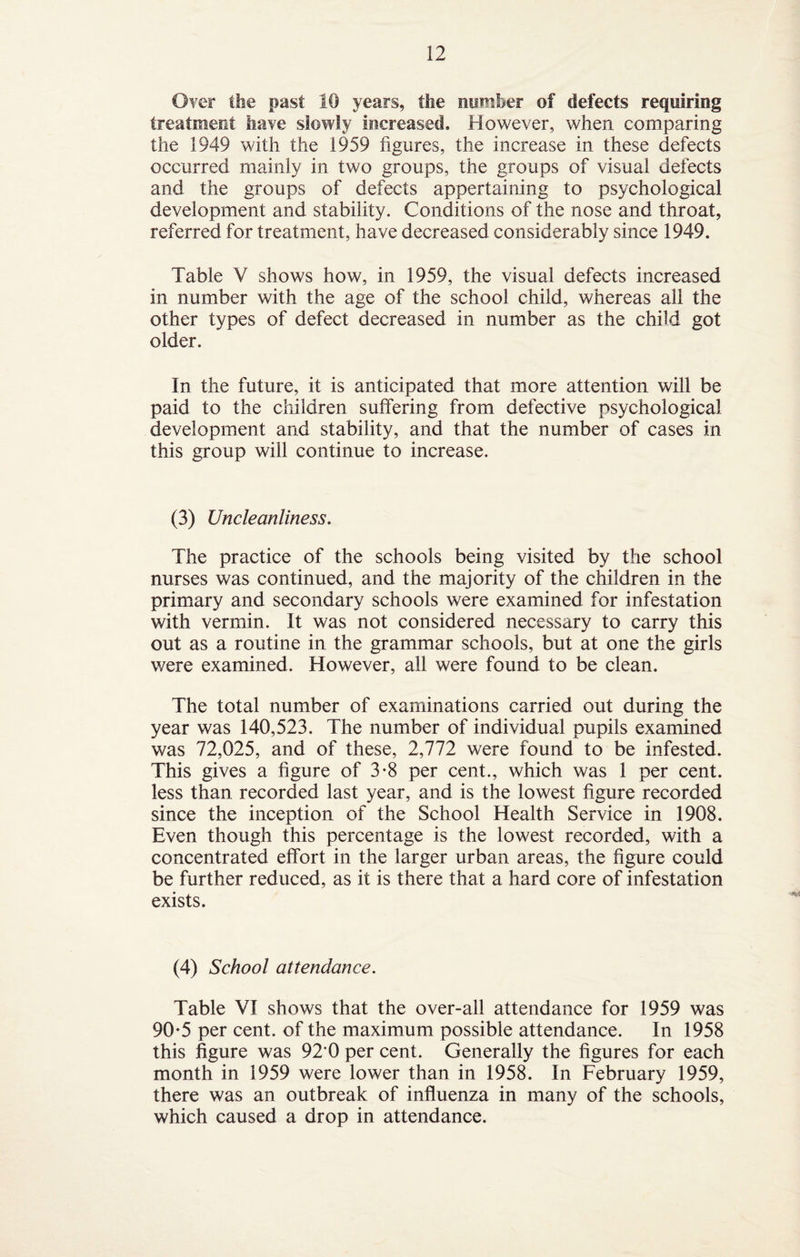 Over tlie past 10 years, tSie number of defects requiring treatment have slowly increased. However, when comparing the 1949 with the 1959 figures, the increase in these defects occurred mainly in two groups, the groups of visual defects and the groups of defects appertaining to psychological development and stability. Conditions of the nose and throat, referred for treatment, have decreased considerably since 1949. Table V shows how, in 1959, the visual defects increased in number with the age of the school child, whereas all the other types of defect decreased in number as the child got older. In the future, it is anticipated that more attention will be paid to the children suffering from defective psychological development and stability, and that the number of cases in this group will continue to increase. (3) Uncleanliness. The practice of the schools being visited by the school nurses was continued, and the majority of the children in the primary and secondary schools were examined for infestation with vermin. It was not considered necessary to carry this out as a routine in the grammar schools, but at one the girls were examined. However, all were found to be clean. The total number of examinations carried out during the year was 140,523. The number of individual pupils examined was 72,025, and of these, 2,772 were found to be infested. This gives a figure of 3-8 per cent., which was 1 per cent, less than recorded last year, and is the lowest figure recorded since the inception of the School Health Service in 1908. Even though this percentage is the lowest recorded, with a concentrated effort in the larger urban areas, the figure could be further reduced, as it is there that a hard core of infestation exists. (4) School attendance. Table VI shows that the over-all attendance for 1959 was 90*5 per cent, of the maximum possible attendance. In 1958 this figure was 92‘0 per cent. Generally the figures for each month in 1959 were lower than in 1958. In February 1959, there was an outbreak of influenza in many of the schools, which caused a drop in attendance.