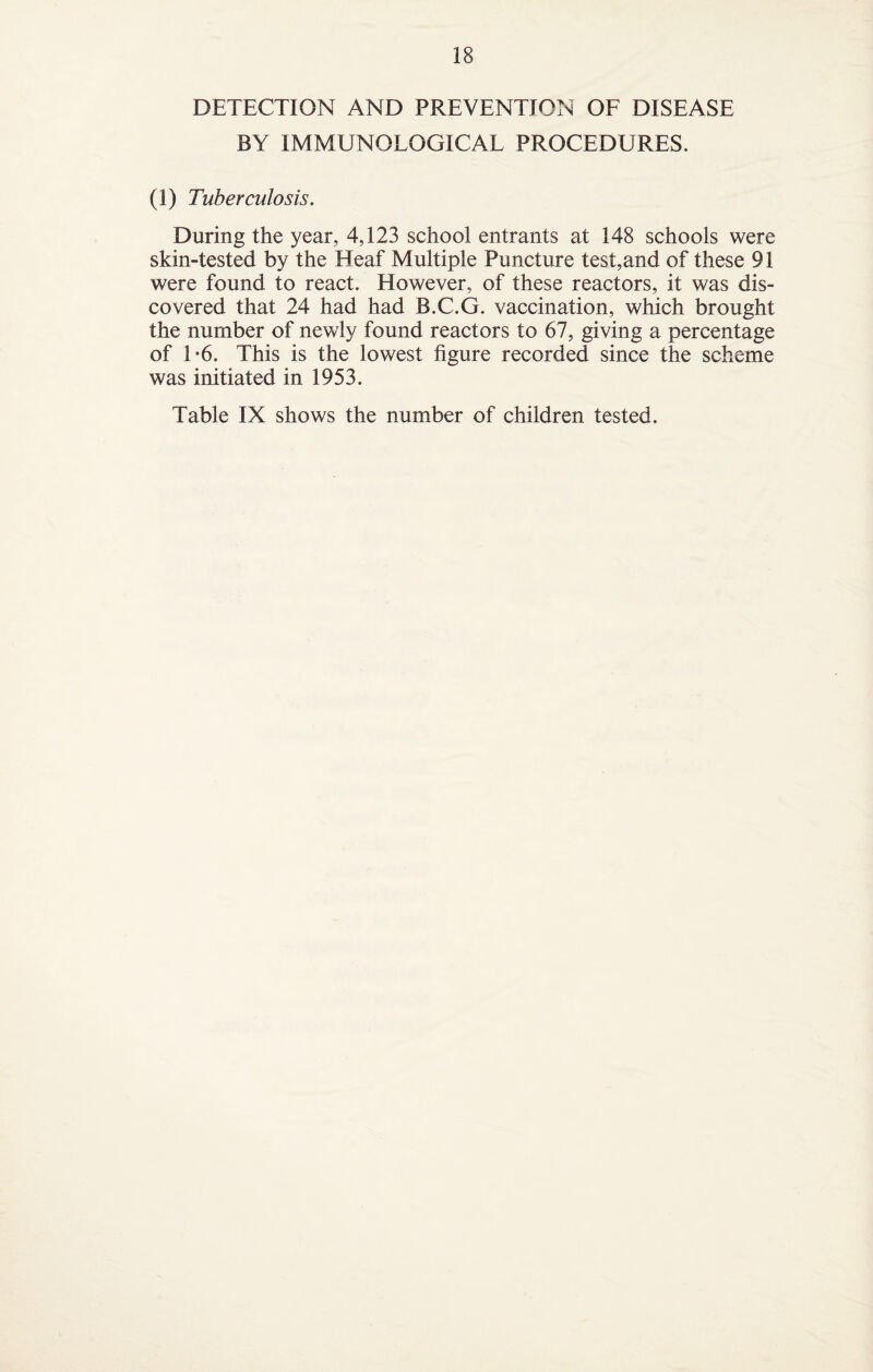 DETECTION AND PREVENTION OF DISEASE BY IMMUNOLOGICAL PROCEDURES. (1) Tuberculosis. During the year, 4,123 school entrants at 148 schools were skin-tested by the Heaf Multiple Puncture test,and of these 91 were found to react. However, of these reactors, it was dis¬ covered that 24 had had B.C.G. vaccination, which brought the number of newly found reactors to 67, giving a percentage of 1*6. This is the lowest figure recorded since the scheme was initiated in 1953. Table IX shows the number of children tested.