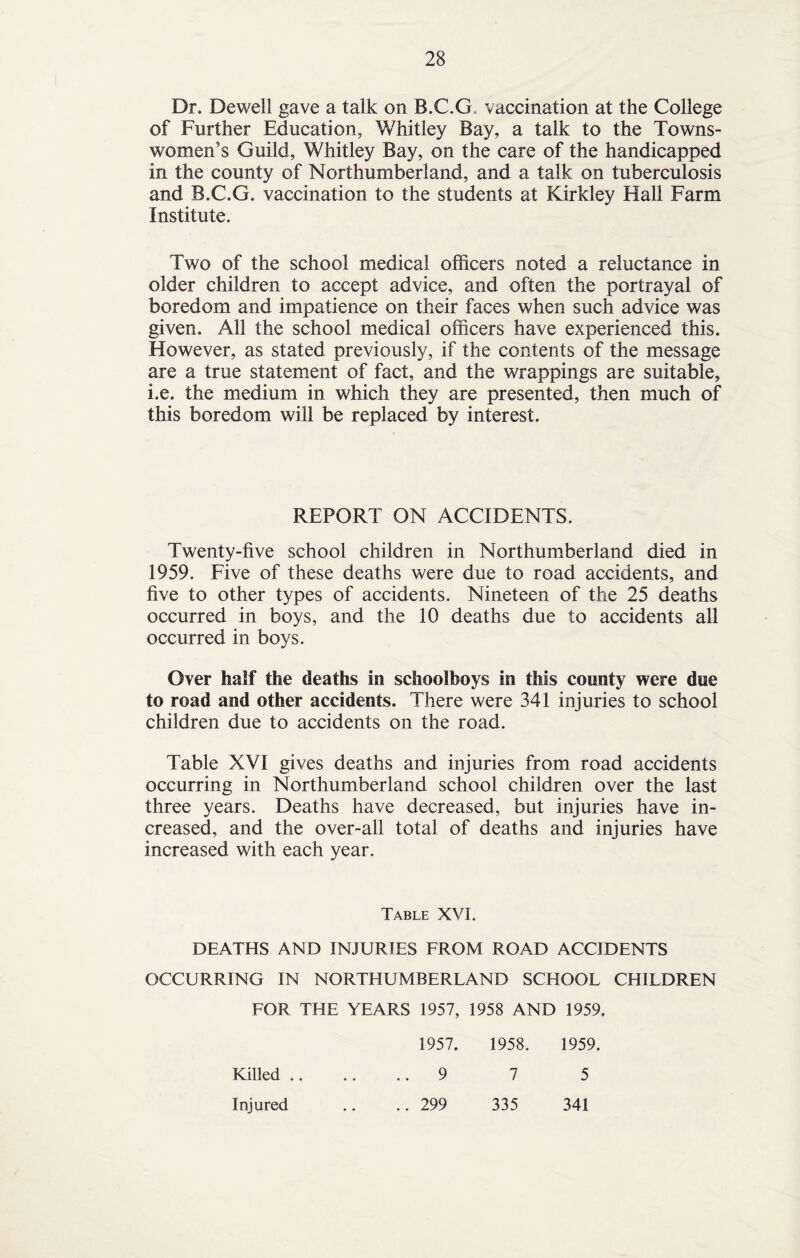 Dr. Dewell gave a talk on B.C.G vaccination at the College of Further Education, Whitley Bay, a talk to the Towns¬ women's Guild, Whitley Bay, on the care of the handicapped in the county of Northumberland, and a talk on tuberculosis and B.C.G. vaccination to the students at Kirkley Hall Farm Institute. Two of the school medical officers noted a reluctance in older children to accept advice, and often the portrayal of boredom and impatience on their faces when such advice was given. All the school medical officers have experienced this. However, as stated previously, if the contents of the message are a true statement of fact, and the wrappings are suitable, i.e. the medium in which they are presented, then much of this boredom will be replaced by interest. REPORT ON ACCIDENTS. Twenty-five school children in Northumberland died in 1959. Five of these deaths were due to road accidents, and five to other types of accidents. Nineteen of the 25 deaths occurred in boys, and the 10 deaths due to accidents all occurred in boys. Over half the deaths in schoolboys in this county were due to road and other accidents. There were 341 injuries to school children due to accidents on the road. Table XVI gives deaths and injuries from road accidents occurring in Northumberland school children over the last three years. Deaths have decreased, but injuries have in¬ creased, and the over-all total of deaths and injuries have increased with each year. Table XVI. DEATHS AND INJURIES FROM ROAD ACCIDENTS OCCURRING IN NORTHUMBERLAND SCHOOL CHILDREN FOR THE YEARS 1957, 1958 AND 1959. 1957. 1958. 1959. Killed.9 7 5 Injured .. ..299 335 341