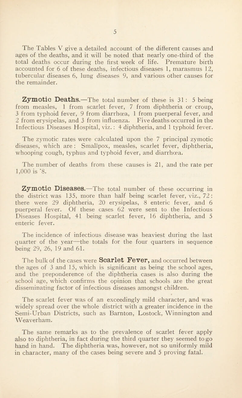 The Tables V give a detailed account of the different causes and ages of the deaths, and it will be noted that nearly one-third of the total deaths occur during the first week of life. Premature birth accounted for 6 of these deaths, infectious diseases 1, marasmus 12, tubercular diseases 6, lung diseases 9, and various other causes for the remainder. Zymotic Deaths.—The total number of these is 31 : 5 being from measles, 1 from scarlet fever, 7 from diphtheria or croup, 3 from typhoid fever, 9 from diarrhoea, 1 from puerperal fever, and 2 from erysipelas, and 3 from influenza. Five deaths occurred in the Infectious Diseases Hospital, viz.: 4 diphtheria, and 1 typhoid fever. The zymotic rates were calculated upon the 7 principal zymotic diseases, which are : Smallpox, measles, scarlet fever, diphtheria, whooping cough, typhus and typhoid fever, and diarrhoea. The number of deaths from these causes is 21, and the rate per 1,000 is *8. Zymotic Diseases.—The total number of these occurring in the district was 135, more than half being scarlet fever, viz., 72 : there were 29 diphtheria, 20 erysipelas, 8 enteric fever, and 6 puerperal fever. Of these cases 62 were sent to the Infectious Diseases Hospital, 41 being scarlet fever, 16 diphtheria, and 5 enteric fever. The incidence of infectious disease was heaviest during the last quarter of the year—the totals for the four quarters in sequence being 29, 26, 19 and 61. The bulk of the cases were Scarlet Fever, and occurred between the ages of 3 and 15, which is significant as being the school ages, and the preponderence of the diphtheria cases is also during the school age, which confirms the opinion that schools are the great disseminating factor of infectious diseases amongst children. The scarlet fever was of an exceedingly mild character, and was widely spread over the whole district with a greater incidence in the Semi-Urban Districts, such as Barnton, Lostock, Winnington and Weaverham. The same remarks as to the prevalence of scarlet fever apply also to diphtheria, in fact during the third quarter they seemed to go hand in hand. The diphtheria was, however, not so uniformly mild in character, many of the cases being severe and 5 proving fatal.