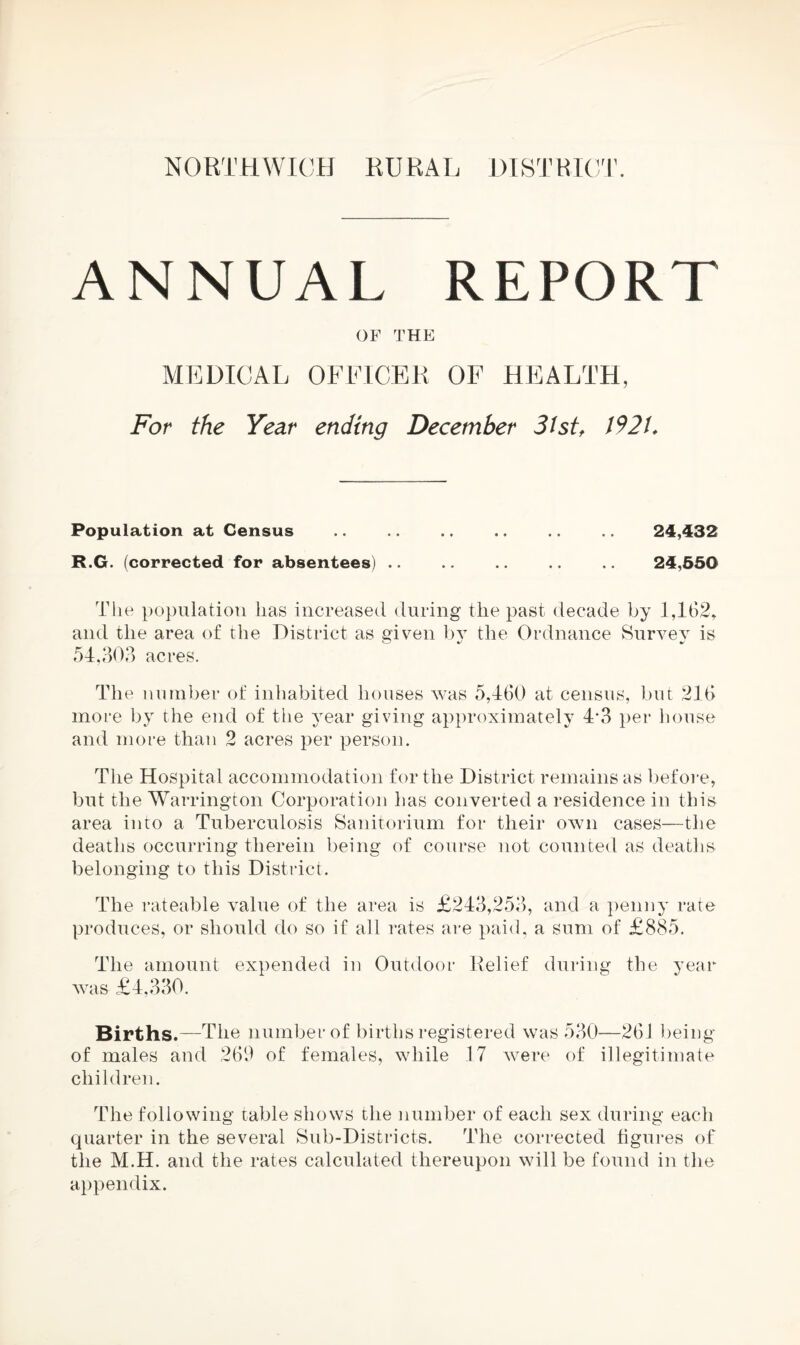 NORTHWICH RURAL DISTRICT. ANNUAL REPORT OF THE MEDICAL OFFICER OF HEALTH, For the Year ending December 3istt 1921. Population at Census .. .. .. 24,432 R.G. (corrected for absentees) .. .. .. 24,550 The population has increased during the past decade by 1,162,. and the area of the District as given bv the Ordnance Survey is 54,303 acres. The number of inhabited houses was 5,460 at census, but 216 more by the end of the year giving approximately 4*3 per house and more than 2 acres per person. The Hospital accommodation for the District remains as before, but the Warrington Corporation has converted a residence in this area into a Tuberculosis Sanitorium for their own cases—the deaths occurring therein being of course not counted as deaths belonging to this District. The rateable value of the area is £243,253, and a penny rate produces, or should do so if all rates are paid, a sum of £885. The amount expended in Outdoor Relief during the year was £4,330. Births.—The number of births registered was 530—261 being of males and 269 of females, while 17 were of illegitimate children. The following table shows the number of each sex during each quarter in the several Sub-Districts. The corrected figures of the M.H. and the rates calculated thereupon will be found in the appendix.