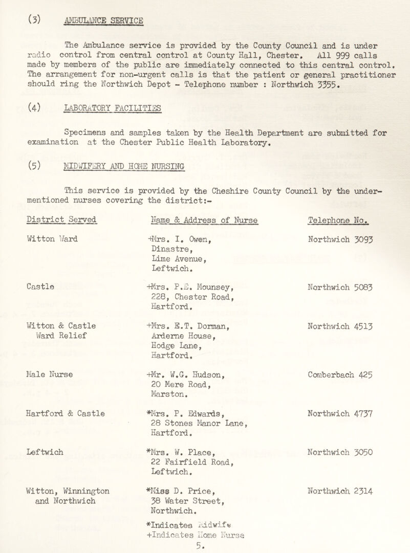 The -Ambulance service is provided by the County Council and is under radio control from central control at County Hall, Chester. All 999 calls made by members of the public are immediately connected to this central control. The arrangement for non-urgent calls is that the patient or general practitioner should ring the Northwich Depot - Telephone number : Northwich 3355# (4) LABORATORY facilities Specimens and samples taken by the Health Department are submitted for examination at the Chester Public Health Laboratory. (5) MIDWIFERY AM) HOME NURSING This service is provided by the Cheshire County Council by the under¬ mentioned nurses covering the district District Served Witton Ward Castle Witton & Castle Wal’d Relief Male Nurse Hartford & Castle Leftwich Witton, Winnington and Northwich Name & Address of Nurse dMrs. I. Owen, Dinastre, Lime Avenue, Leftwich. +Mrs, P.E, Mounsey, 228, Chester Road, Hartford. +Mrs. B.T. Dorman, Ardeme House, Hodge Lane, Hartford. +Mr. W.G. Hudson, 20 Mere Road, Marston. *Mrs. P. Edwards, 28 Stones Manor Lane, Hartford. *Mrs. W. Place, 22 Fairfield Road, Leftwich. *Miss D. Price, 38 Water Street, Northwich. ■^Indicates Midwife 4-Indioates Home Nurse 5. Telephone No. Northwich 3093 Northwich 5083 Northwich 4513 Comberbach 425 Northwich 4737 Northwich 3050 Northwich 2314